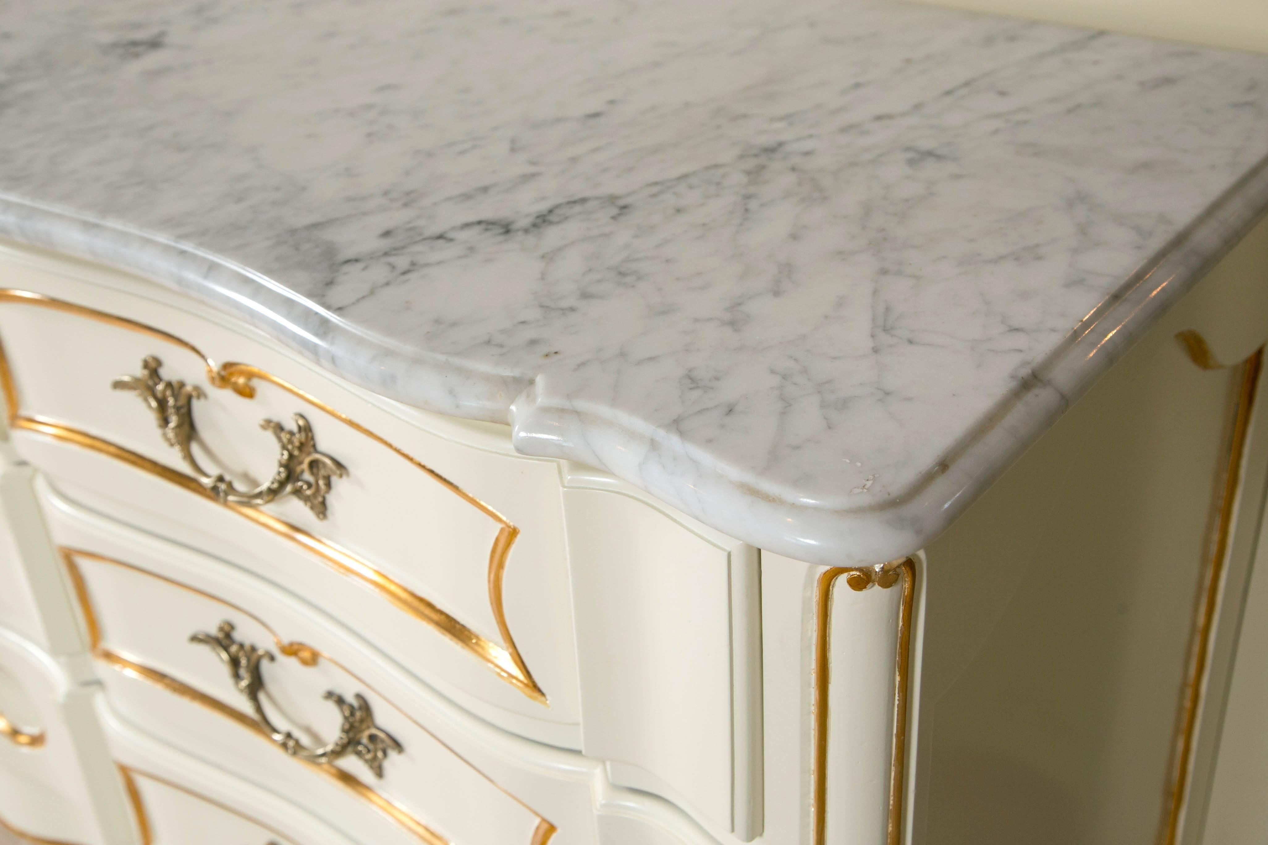 American Louis XV Style Marble Top Painted and Gilt Decorated Dresser Commode Nine Drawer