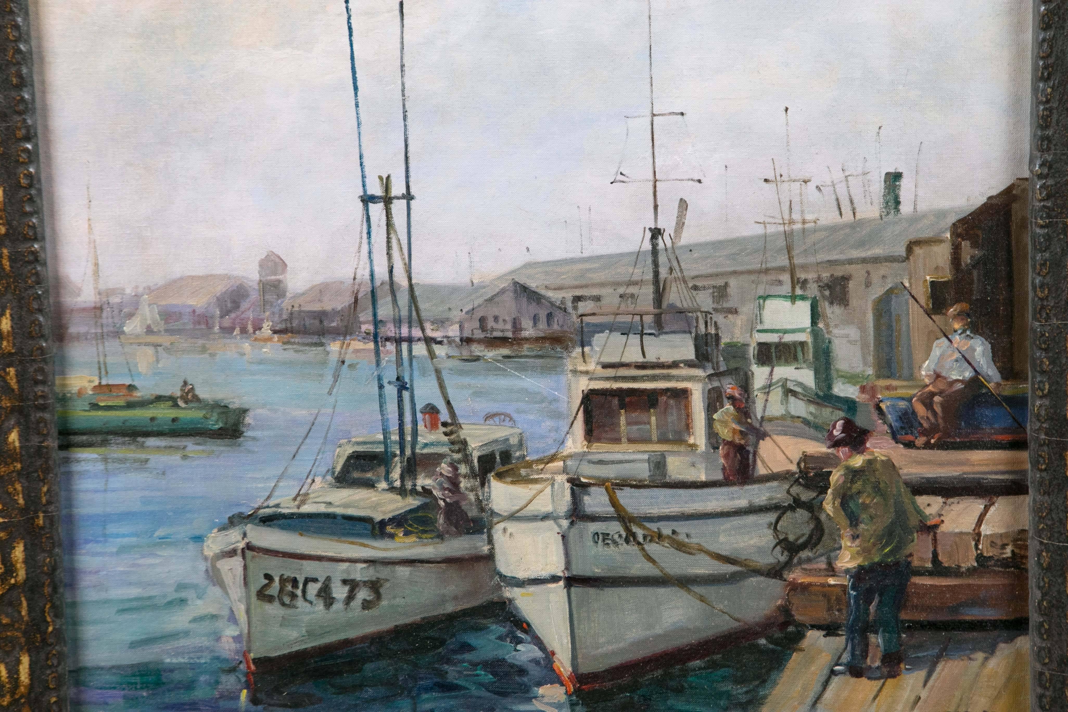 Charming harbor scene in custom frame.