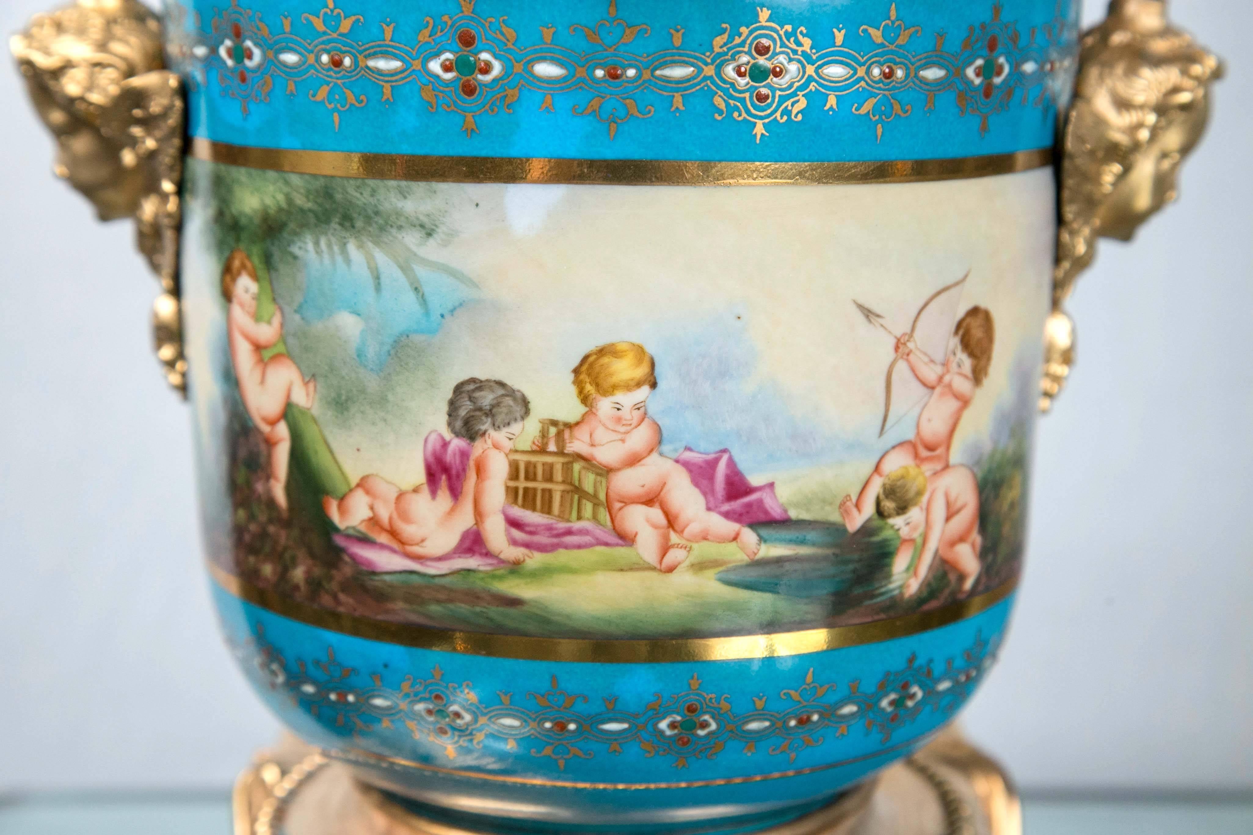 20th Century Pair of Sèvres Style Porcelain and Gilt Bronze Cache Pots For Sale
