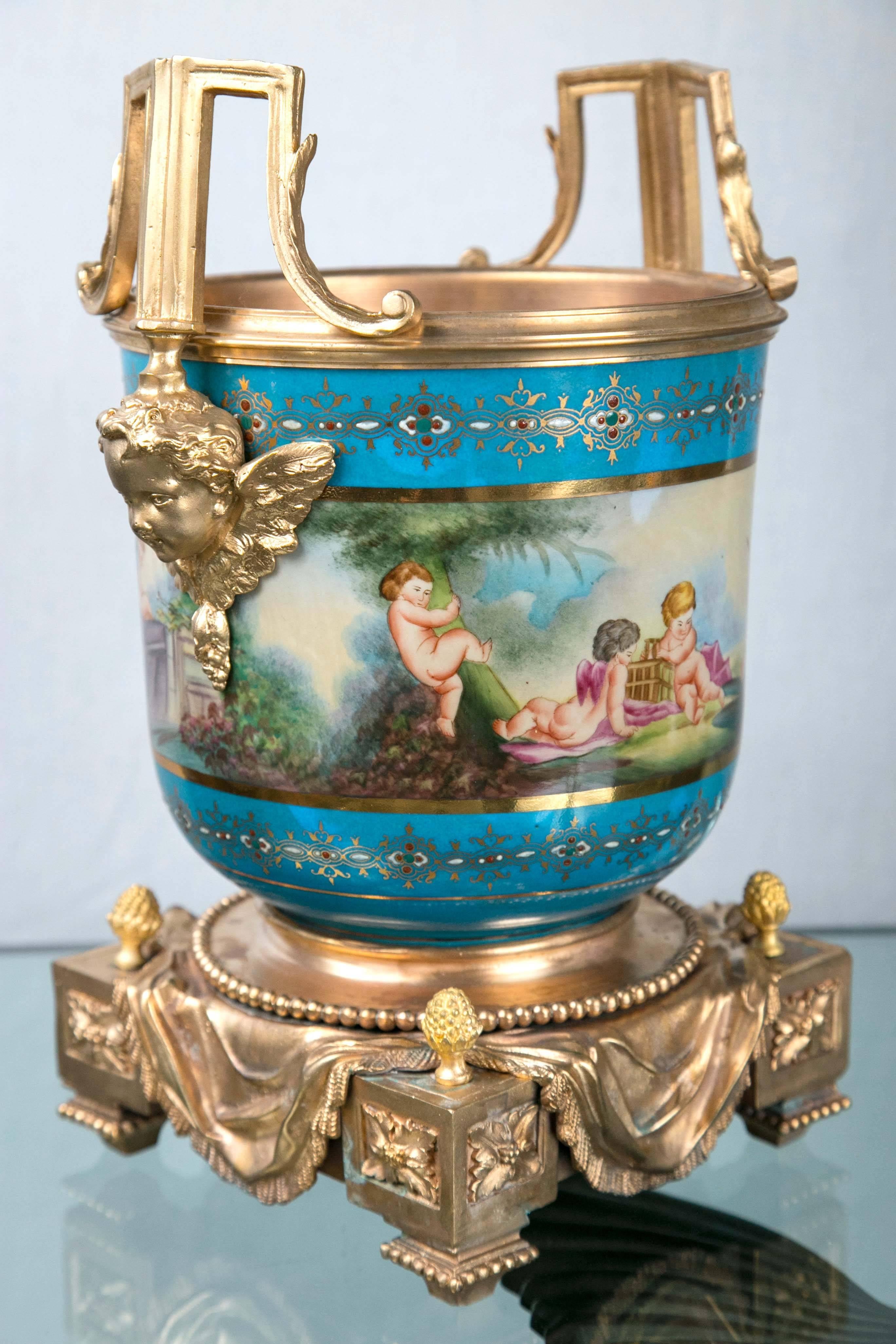 Pair of Sèvres Style Porcelain and Gilt Bronze Cache Pots For Sale 1