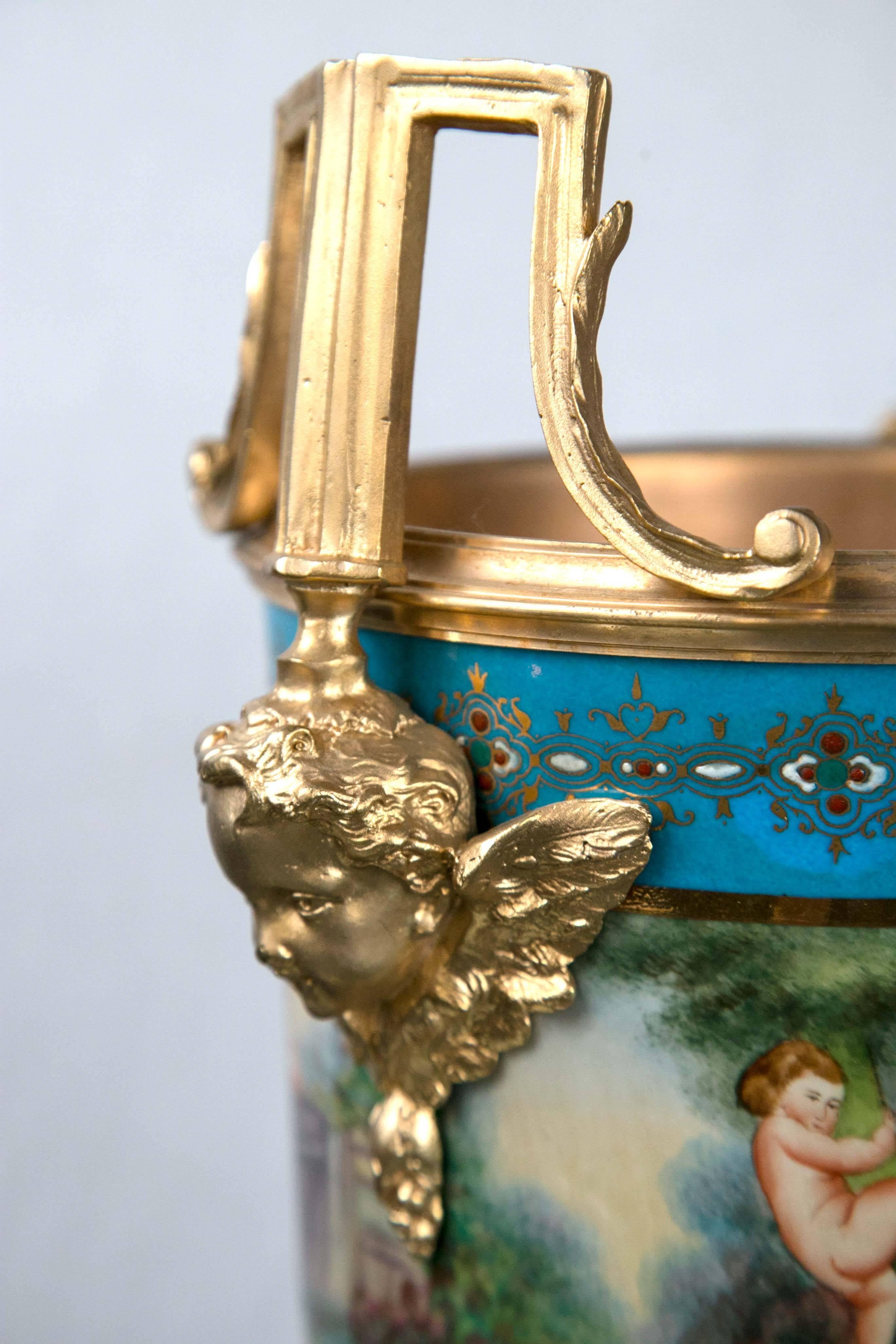 Pair of Sèvres Style Porcelain and Gilt Bronze Cache Pots For Sale 2