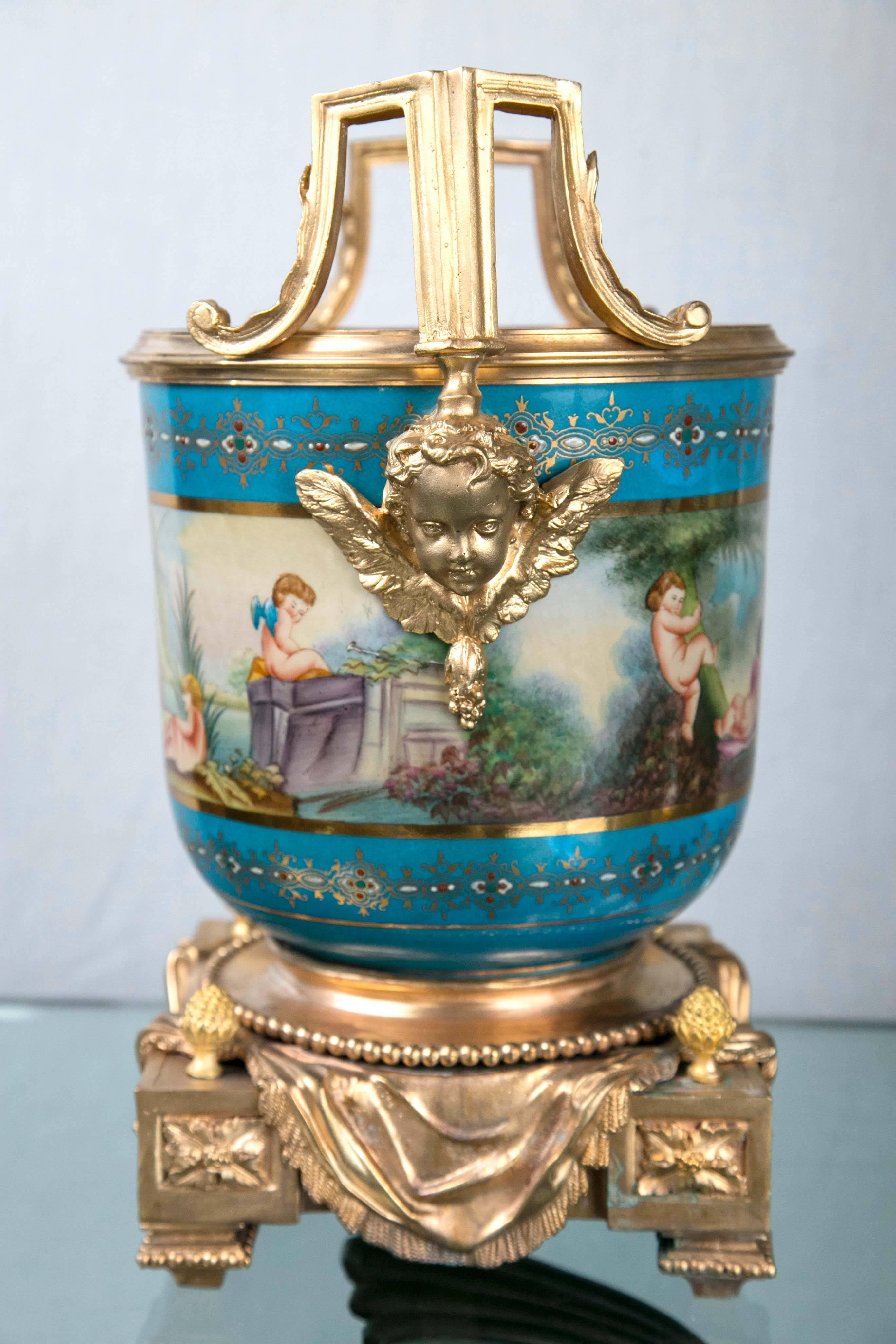 Pair of Sèvres Style Porcelain and Gilt Bronze Cache Pots For Sale 3