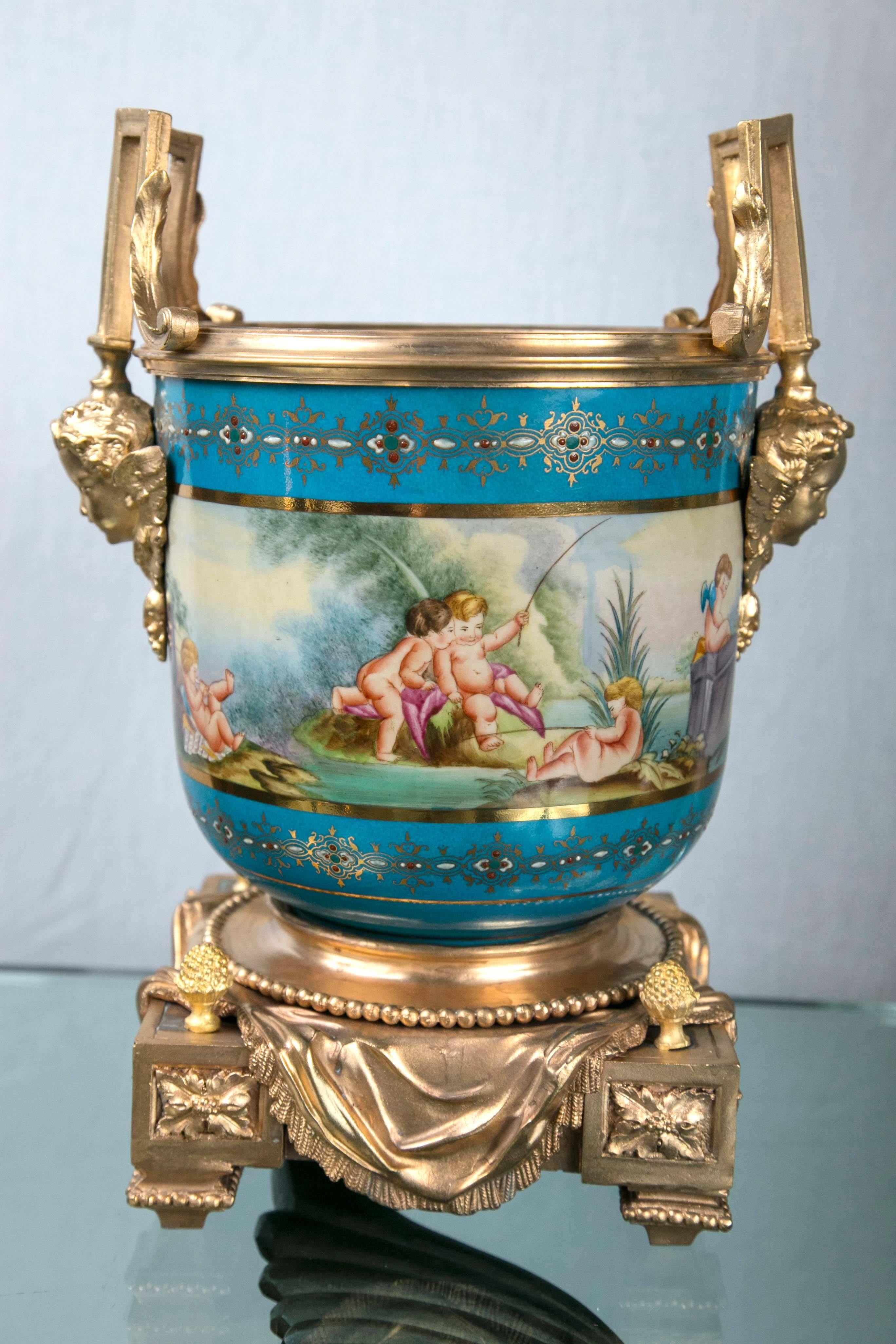Pair of Sèvres Style Porcelain and Gilt Bronze Cache Pots For Sale 4