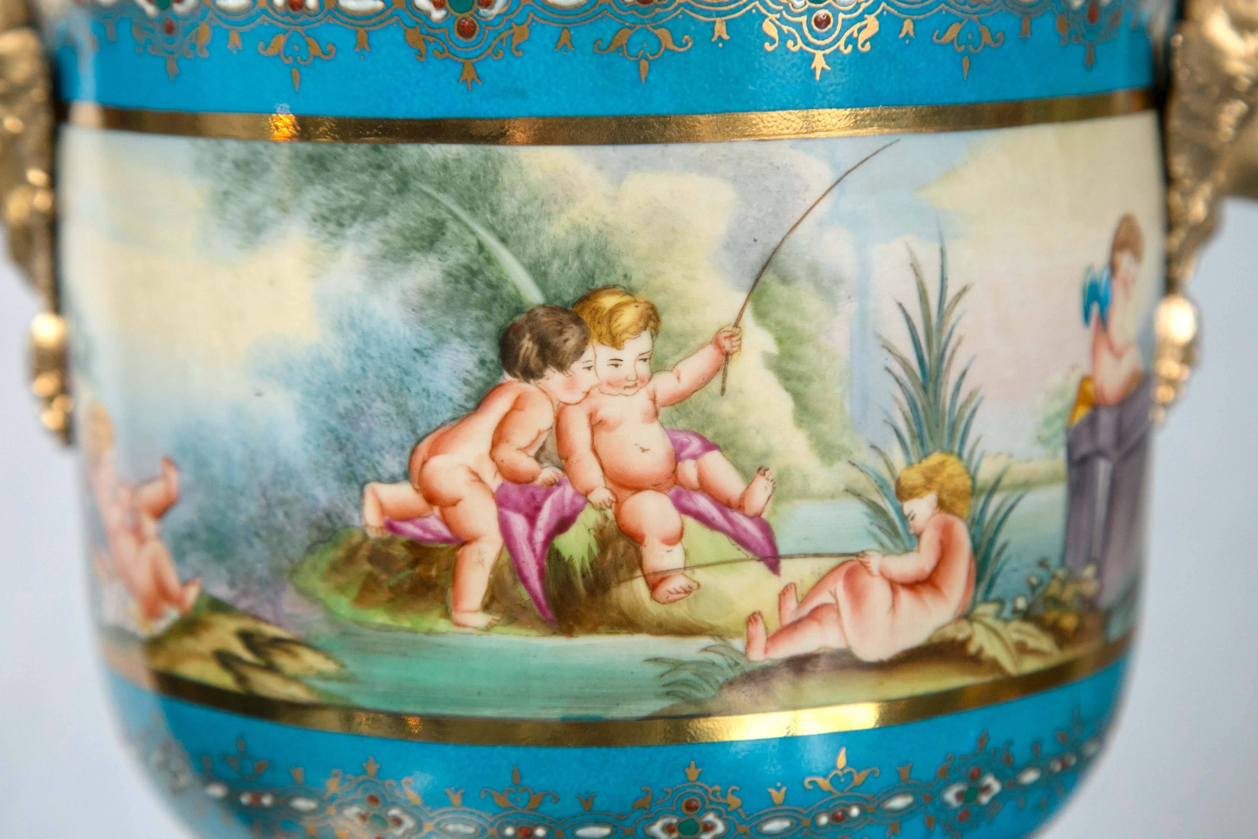 Pair of Sèvres Style Porcelain and Gilt Bronze Cache Pots For Sale 5