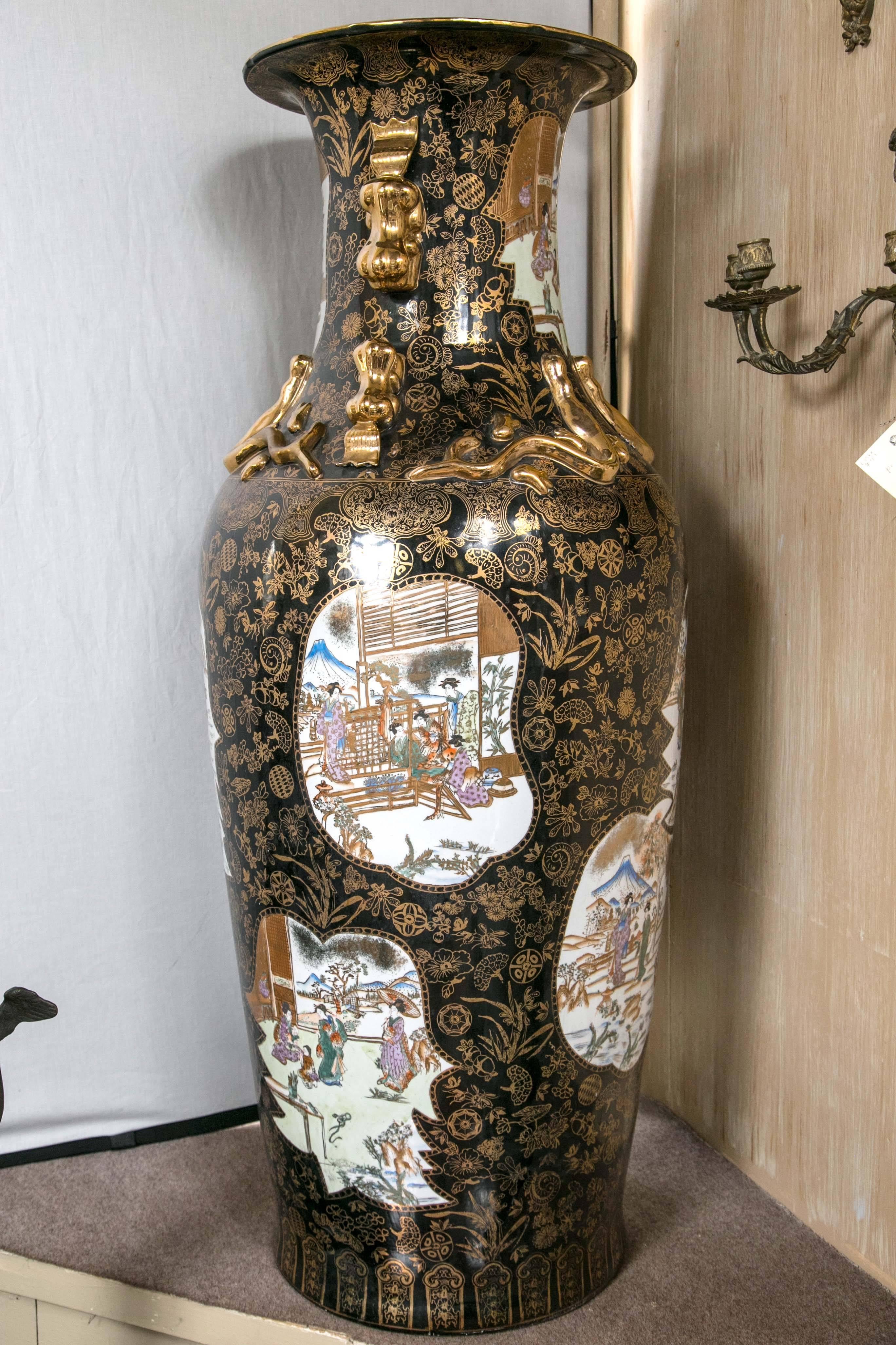 Enameled Impressive Pair of Beautiful Mirror Black Floor Vases For Sale