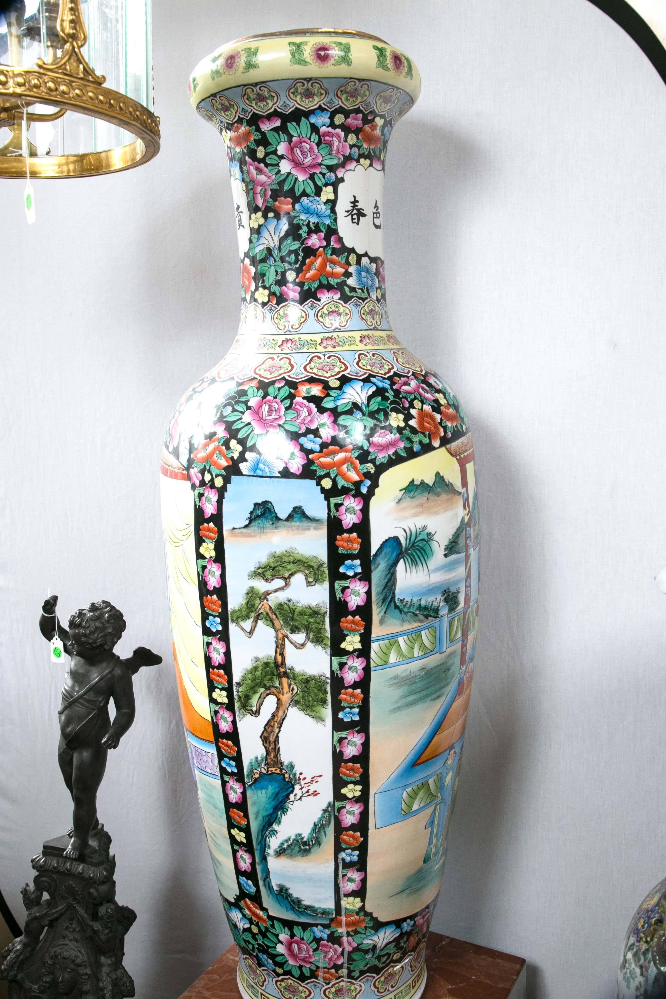 Painted Large Pair of Chinese Porcelain Floor Vases For Sale