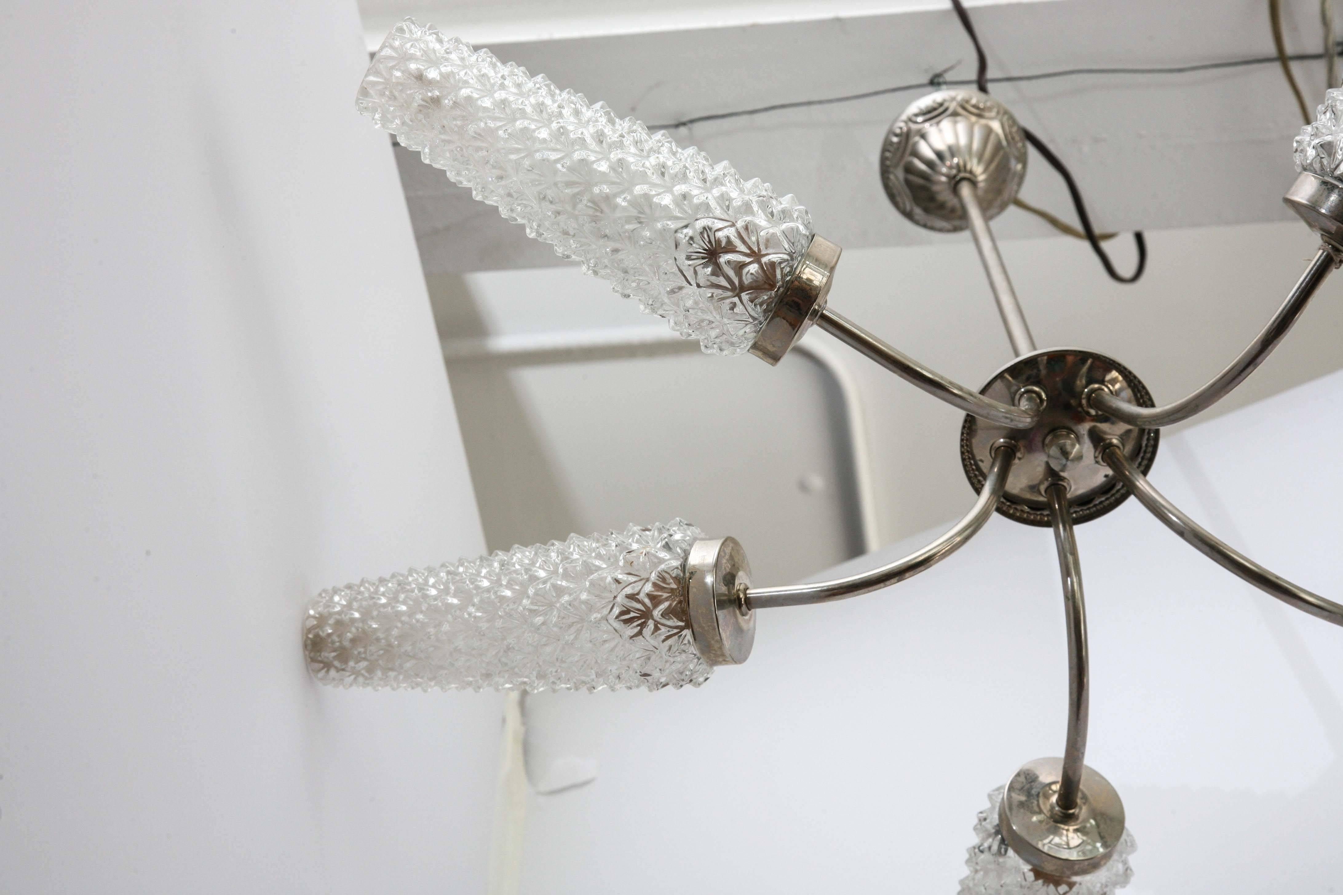 Wonderful cut-glass (pinecone look) and chrome chandelier.