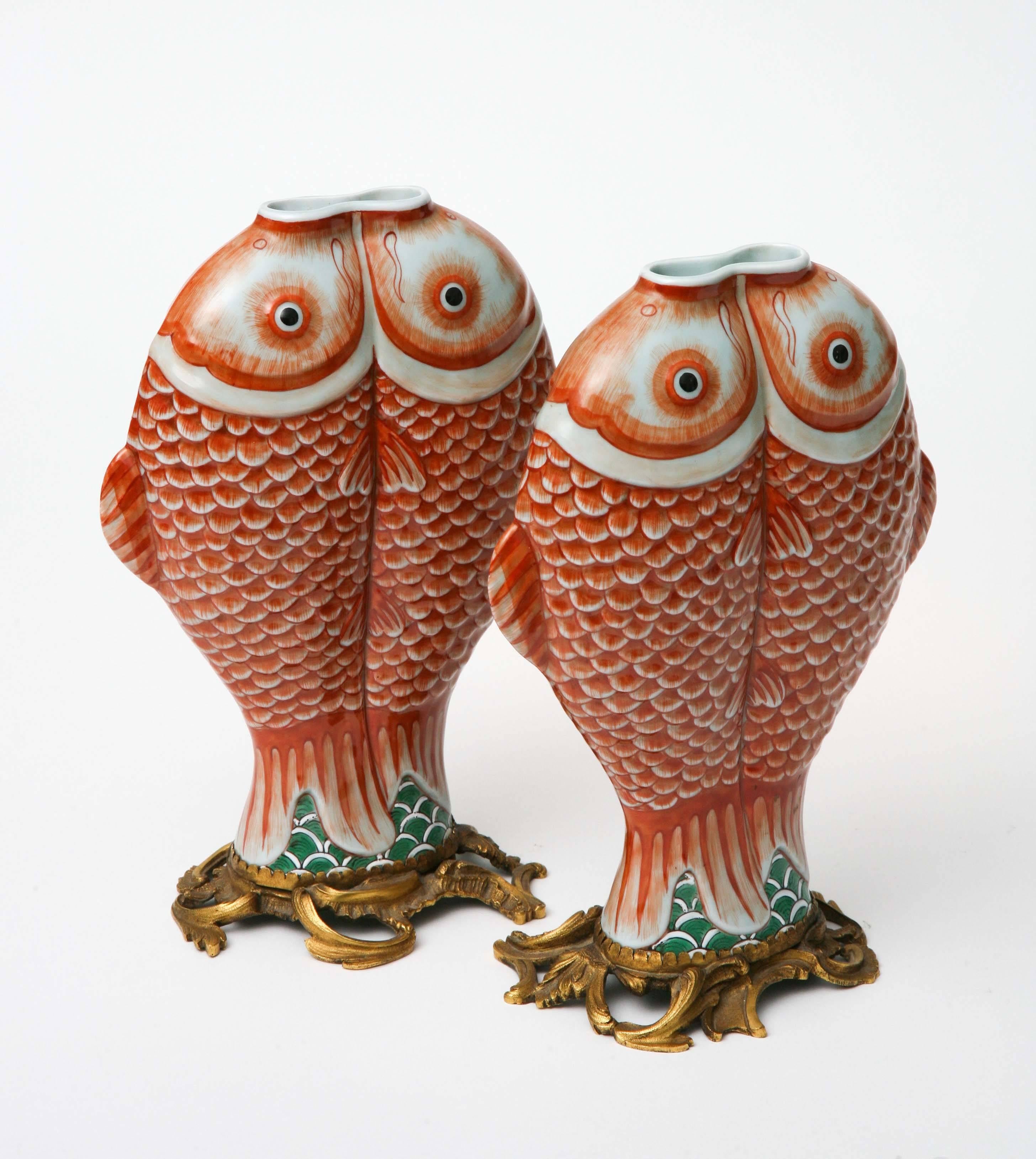 Chinese Export Pair of Double Carp Chinese Bronze-Mounted Export Porcelain, Qing Dynasty