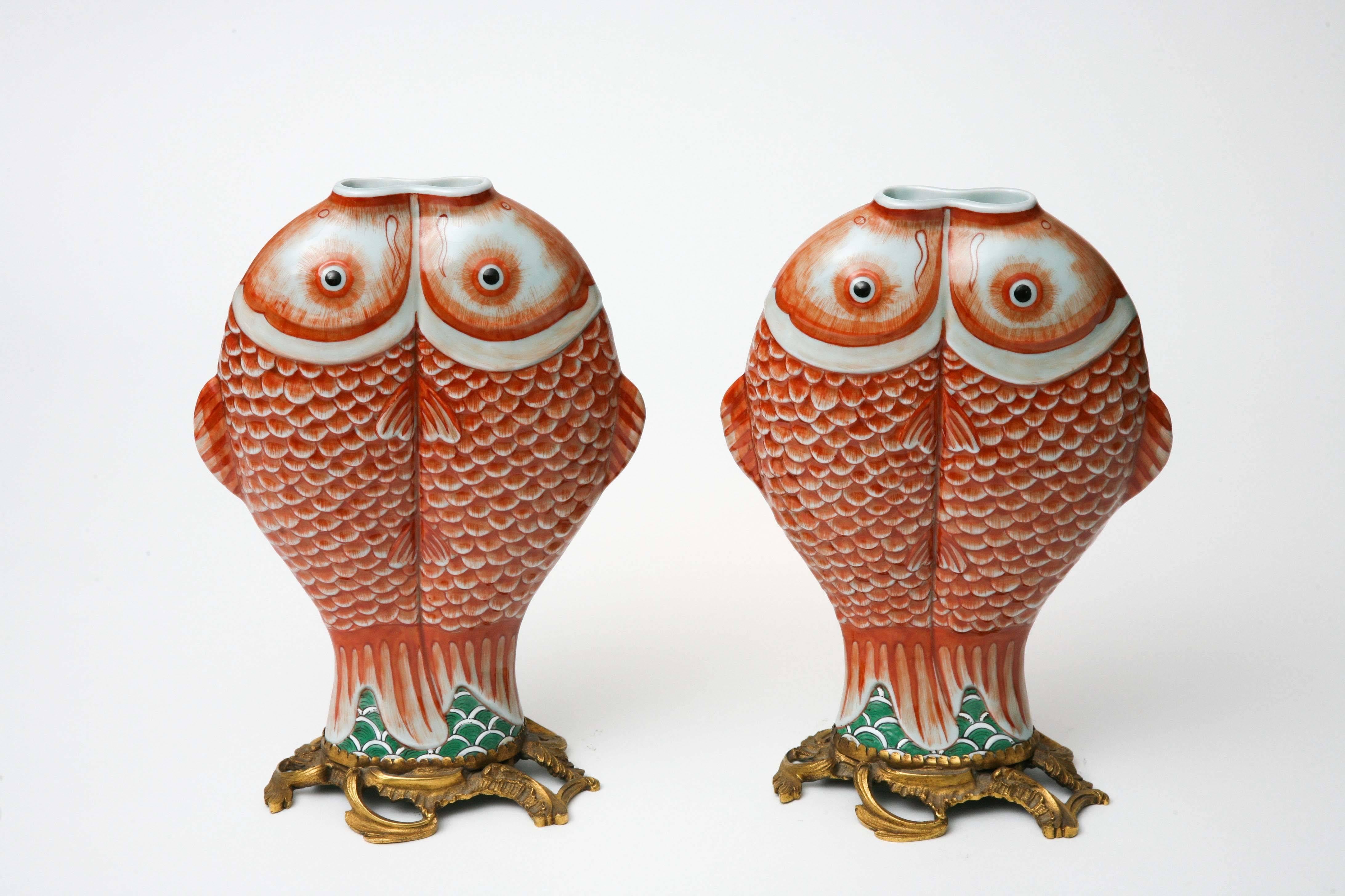 Gilt Pair of Double Carp Chinese Bronze-Mounted Export Porcelain, Qing Dynasty