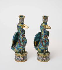 Pair of Cloisonné Duck Candlesticks, circa 1900
