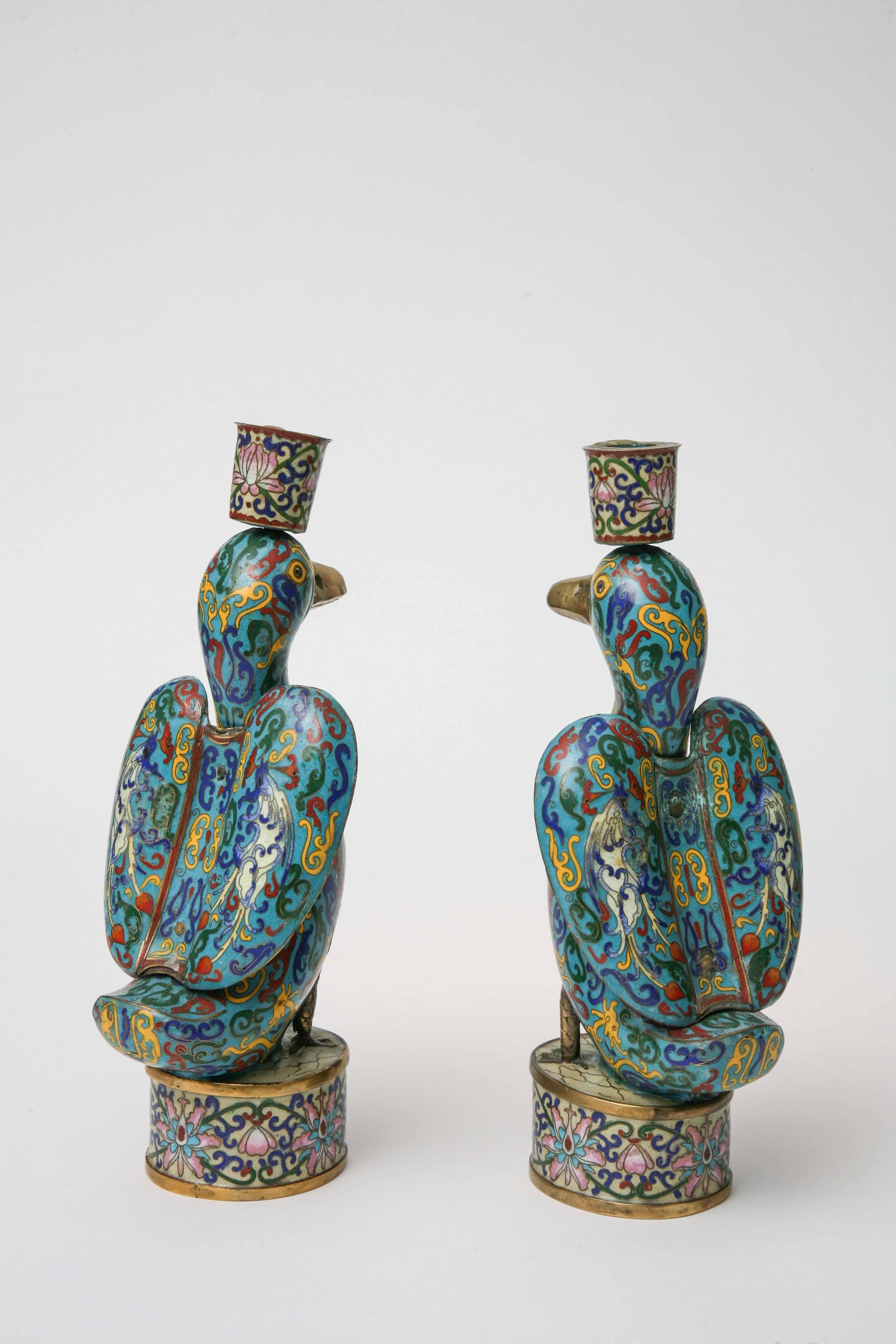 Pair of Cloisonné Duck Candlesticks, circa 1900 In Excellent Condition In Kensington, MD