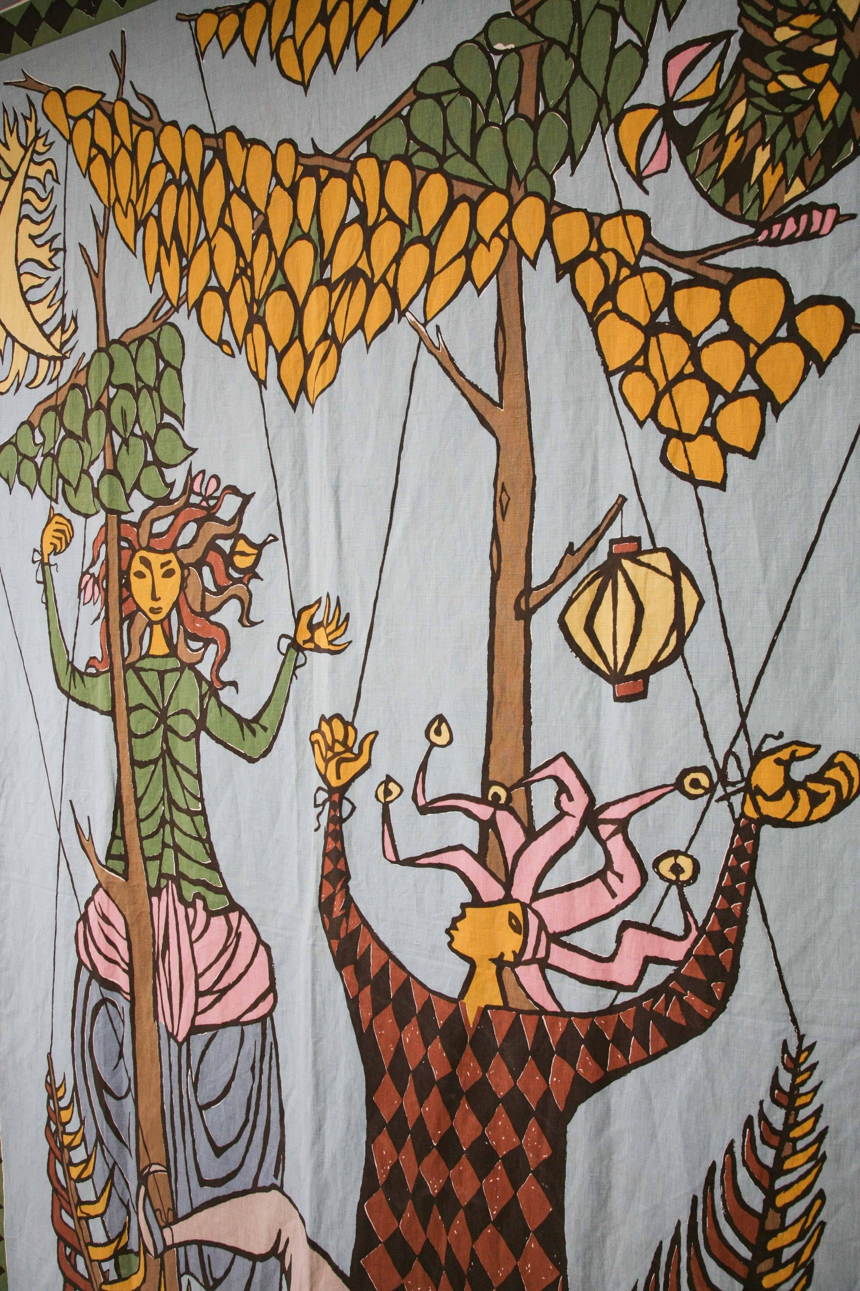 Mid-Century Modern Scandinavian Stig Lindberg Fabric Panel Wall Art Signed For Sale 1