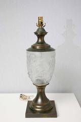 Pair of Hollywood Regency Lalique Style Brass / Glass Putti Table Lamps, Elegant
