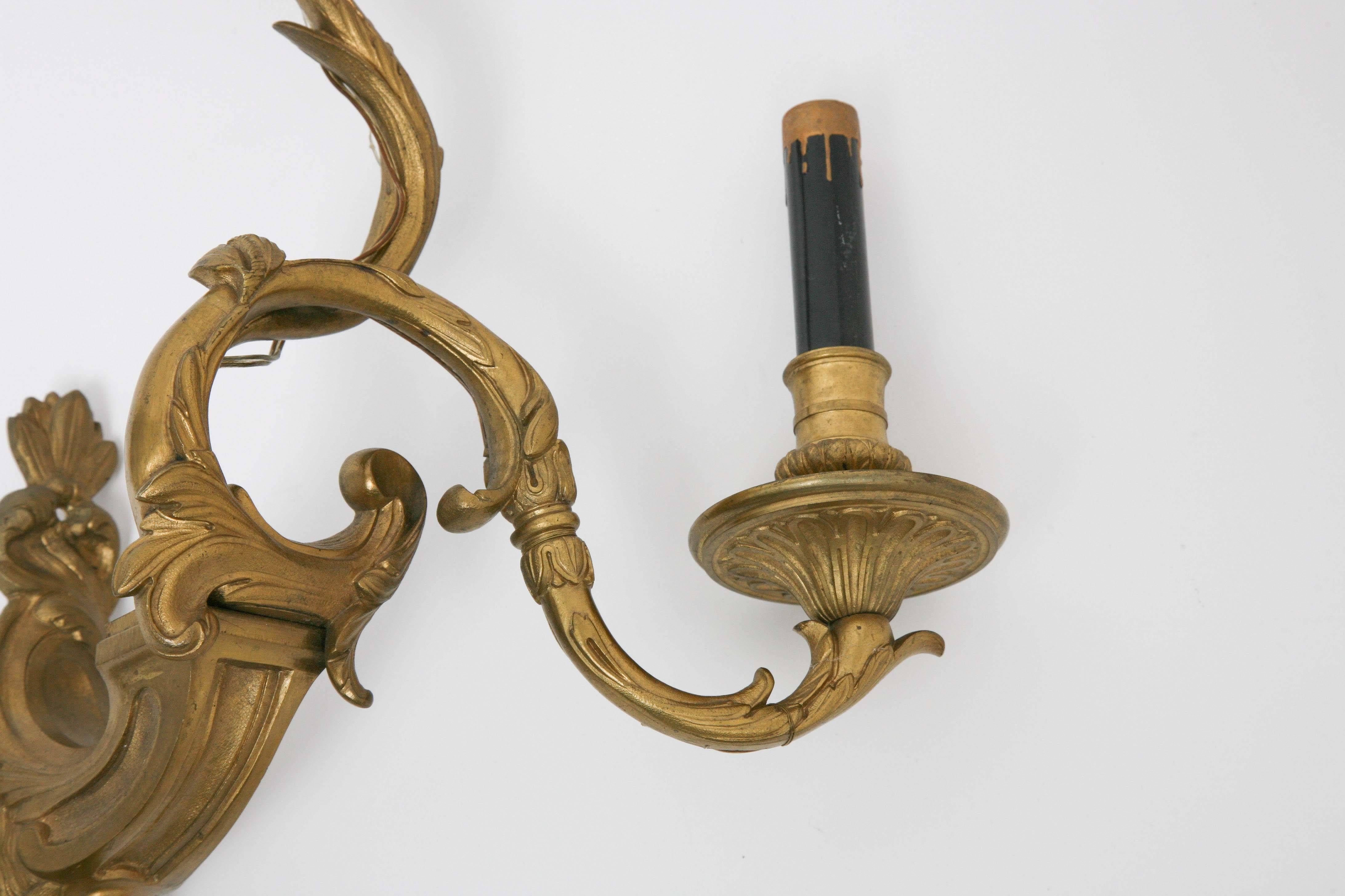 19th Century Antique French Neoclassic Henri Vian Gilt Bronze Appliqués Wall Sconces, Signed For Sale