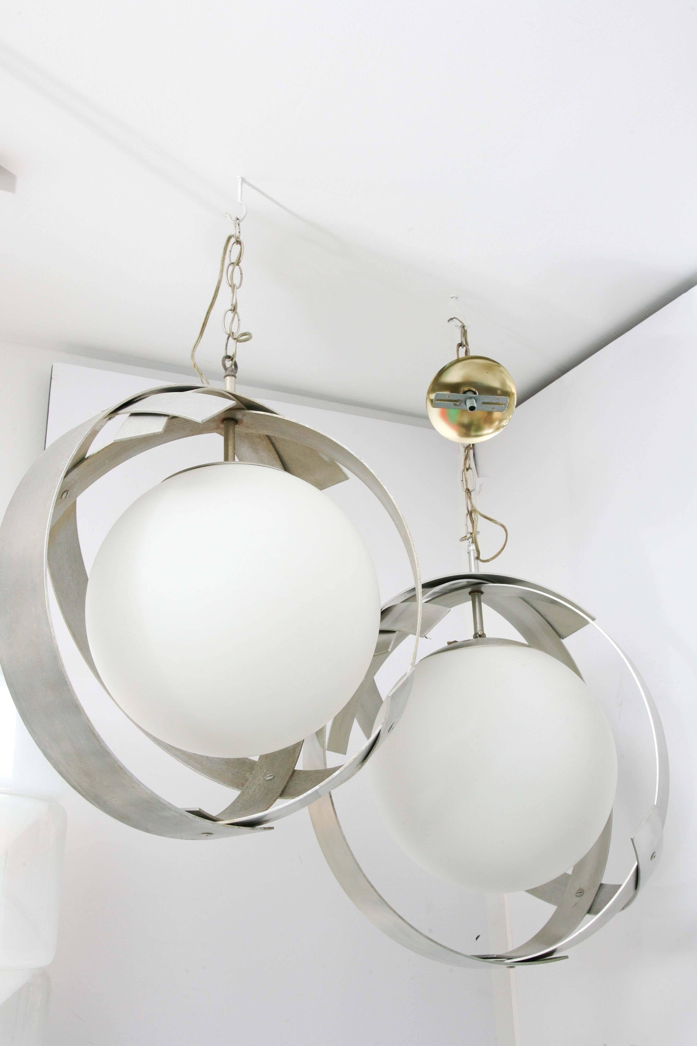 Italian Mid-Century Modern Continental Glass /Aluminum Saturn Pendant Ceiling Lamp For Sale