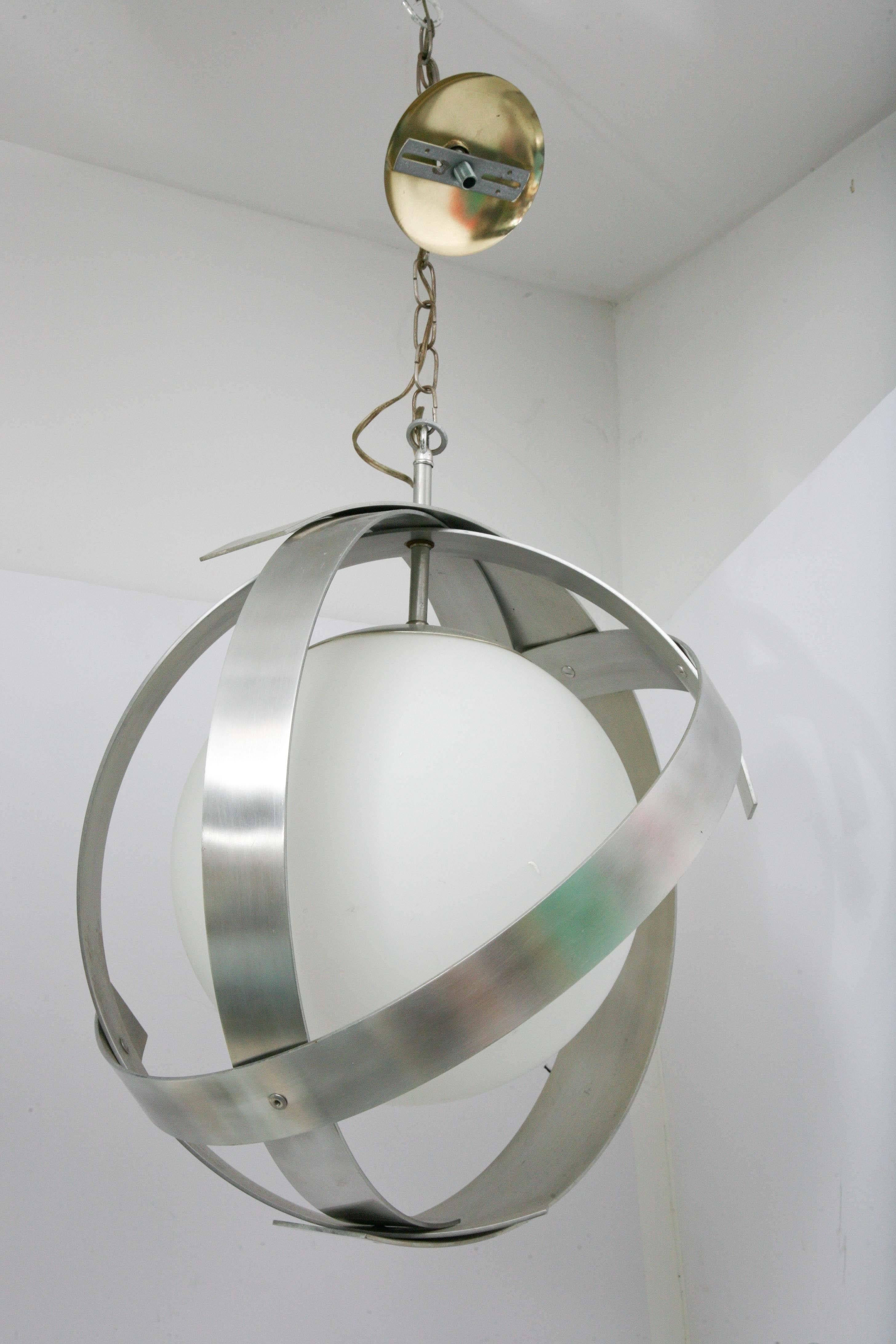 Mid-Century Modern Continental Glass /Aluminum Saturn Pendant Ceiling Lamp For Sale 1
