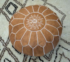 Hand-Tooled Brown Round Geniune Leather Pouf. UNSTUFFED. Custom Option Available