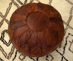 Hand-Tooled Brown Round Geniune Leather Pouf. UNSTUFFED. Custom Option Available