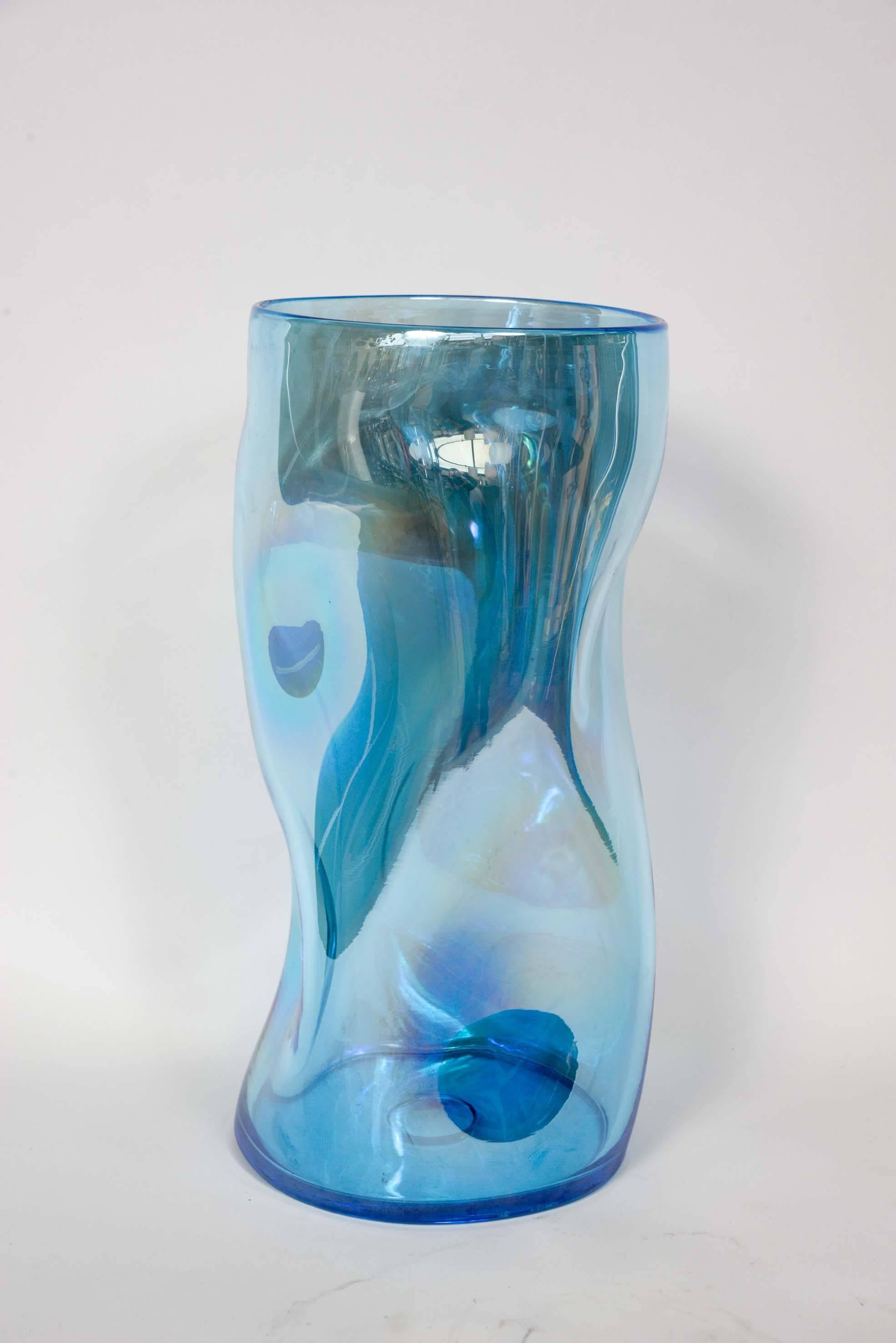 Mid-Century Modern Pair of Iridescent and Curved Blue Murano Glass Vases