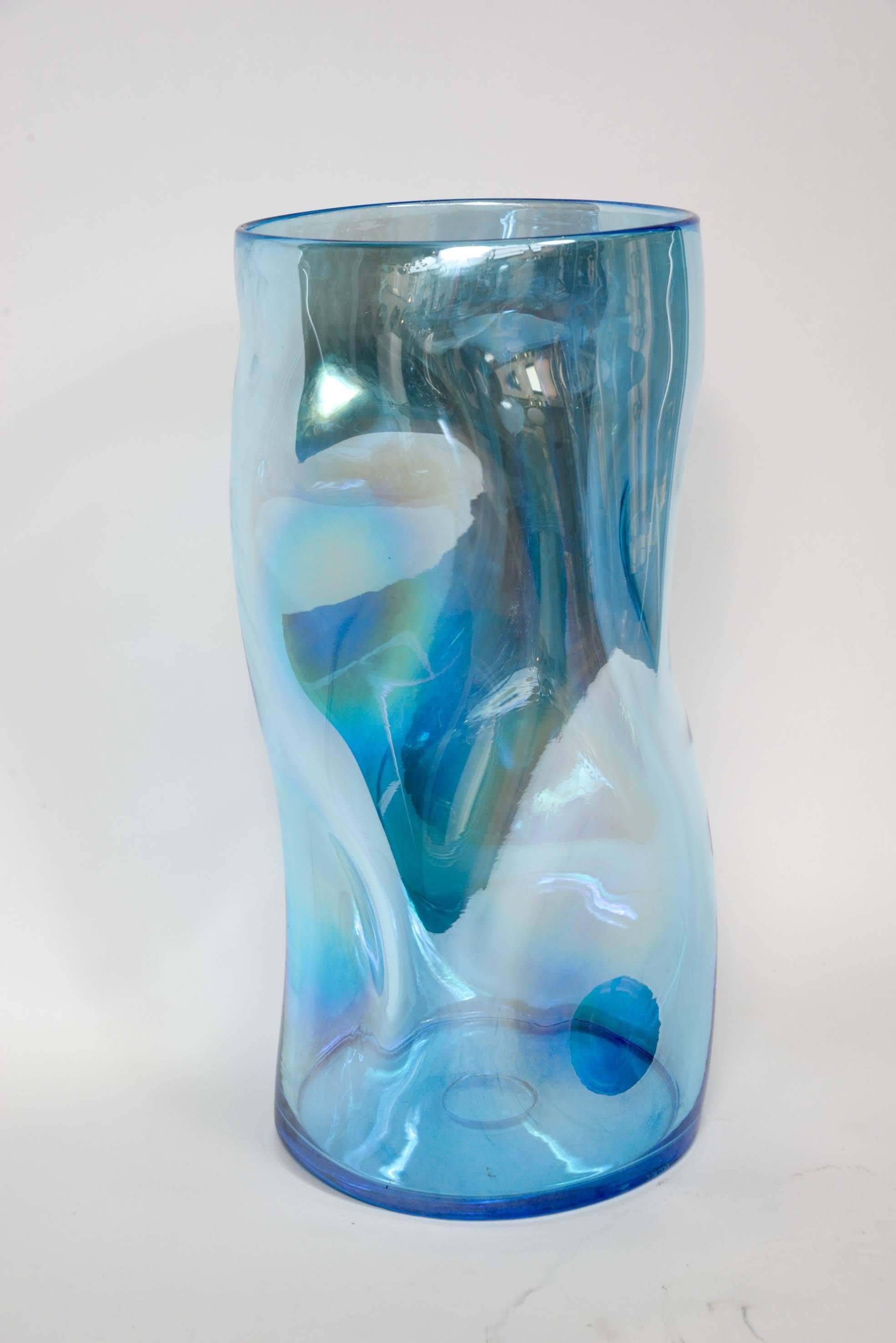 Italian Pair of Iridescent and Curved Blue Murano Glass Vases