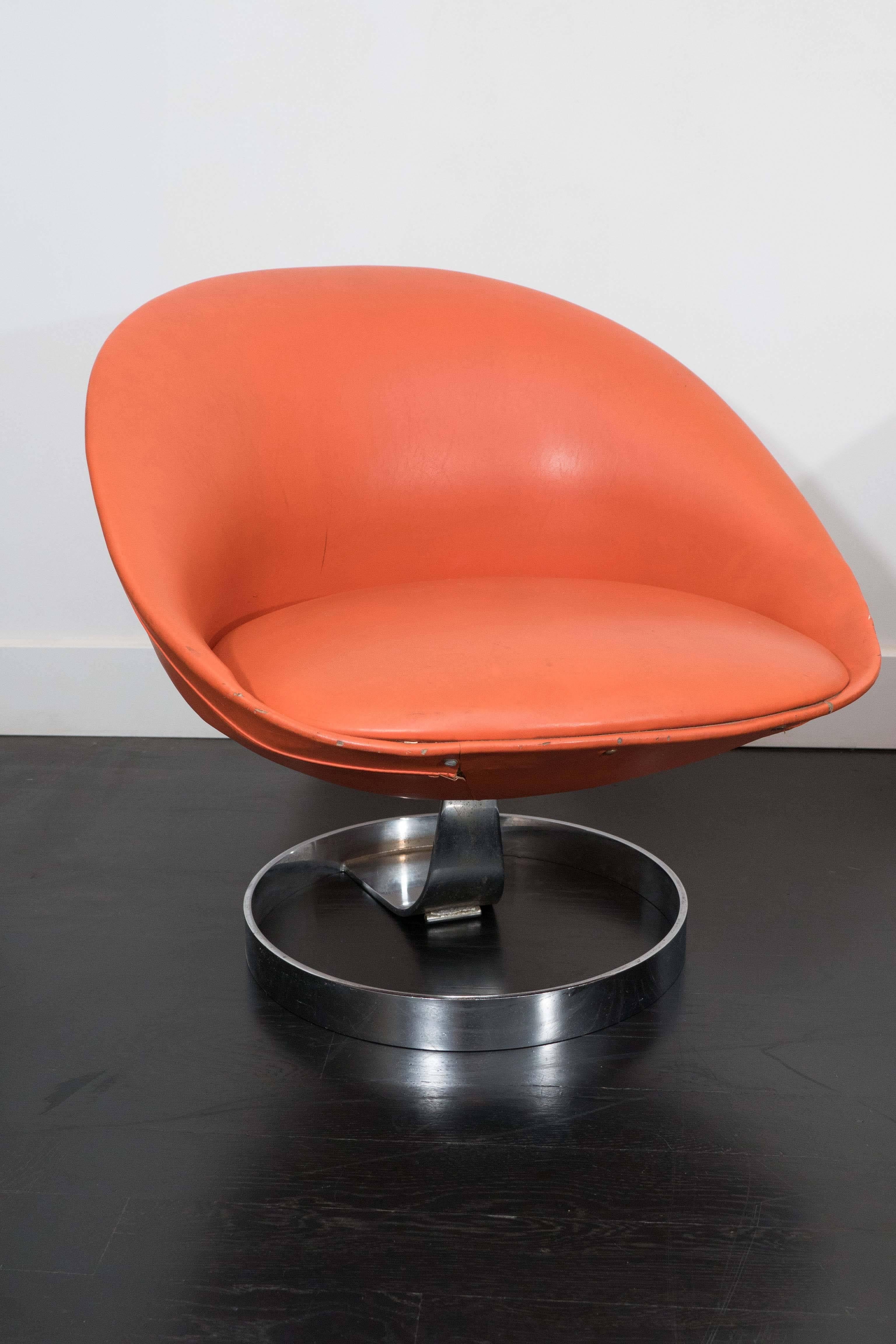 Pair of vintage lounge chairs designed by Maurice Calka for Alpha International. Original chrome finish and upholstery.