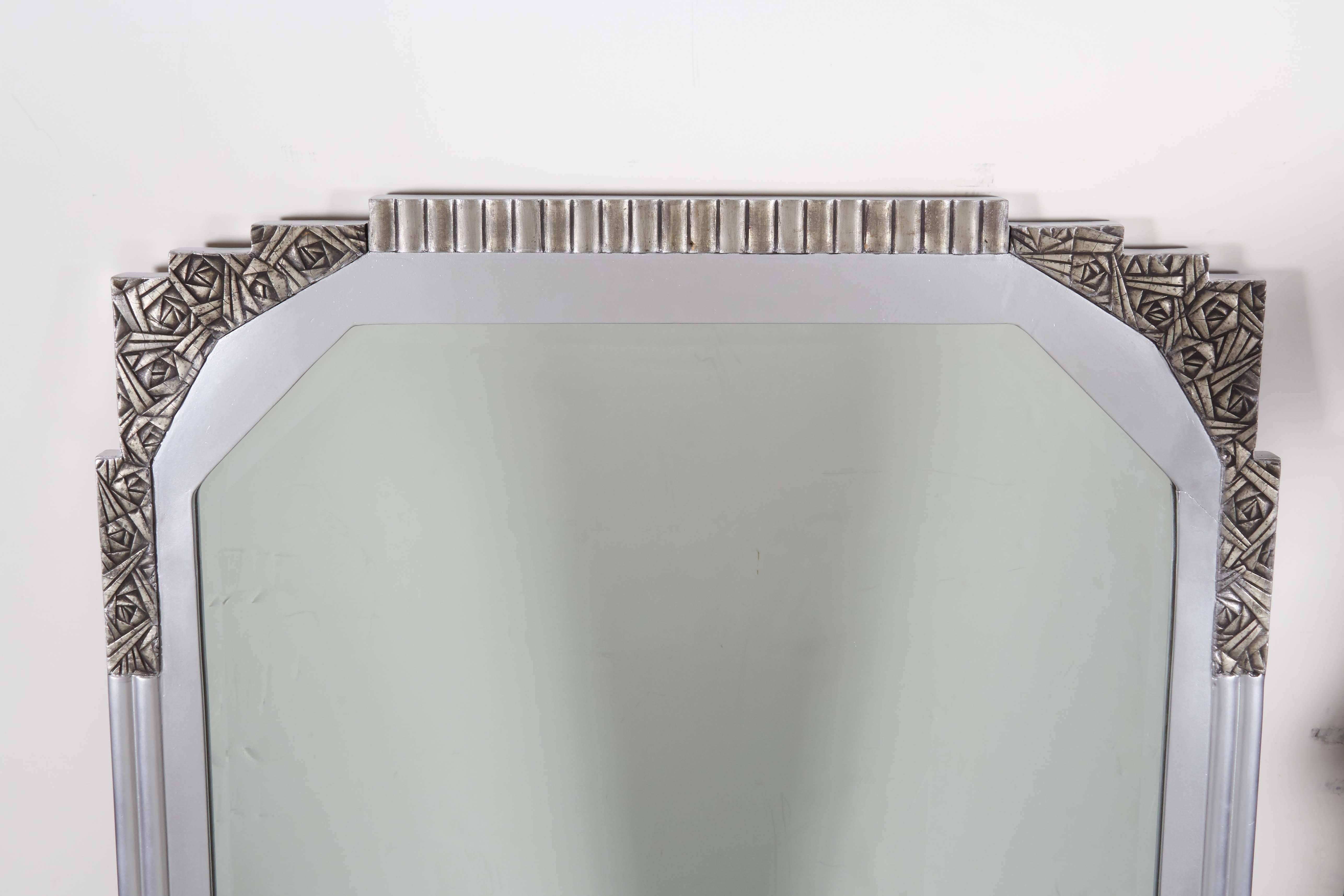 Large French Art Deco Silvered Beveled Mirror with Fluting and Stylized Detail In Good Condition In New York City, NY