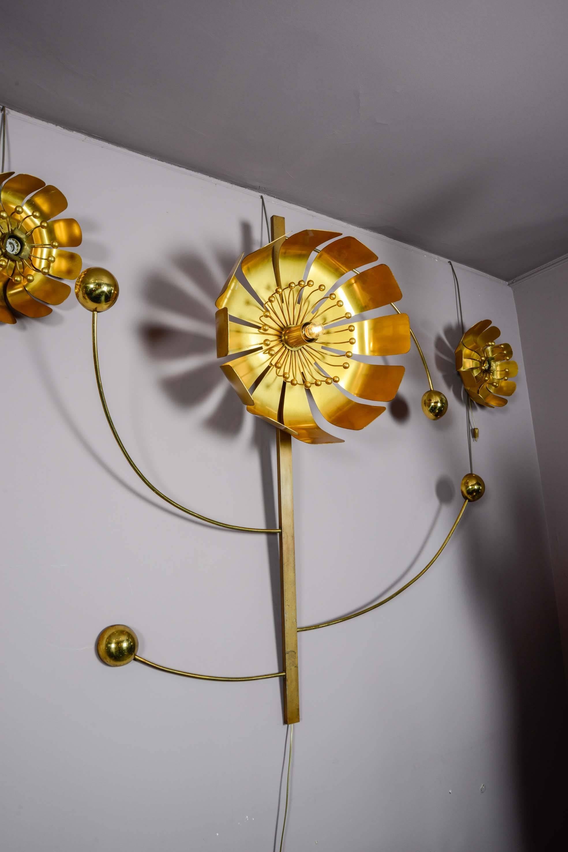 Mid-Century Modern Set of Six Vintage Flower Brass Sconces