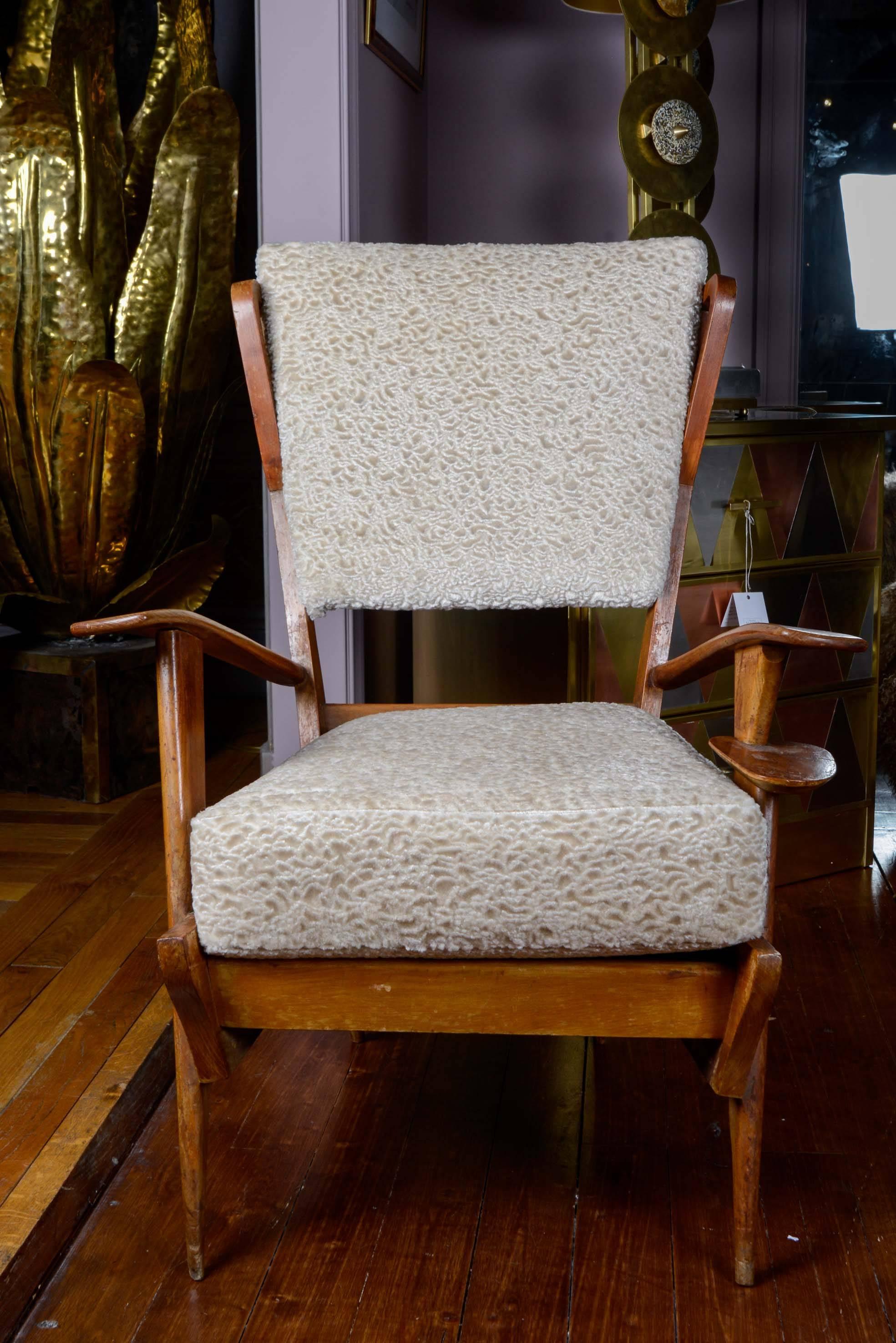 Fruitwood and upholstering (SAHCO fabric) pair of vintage armchairs, cushions on seat and back