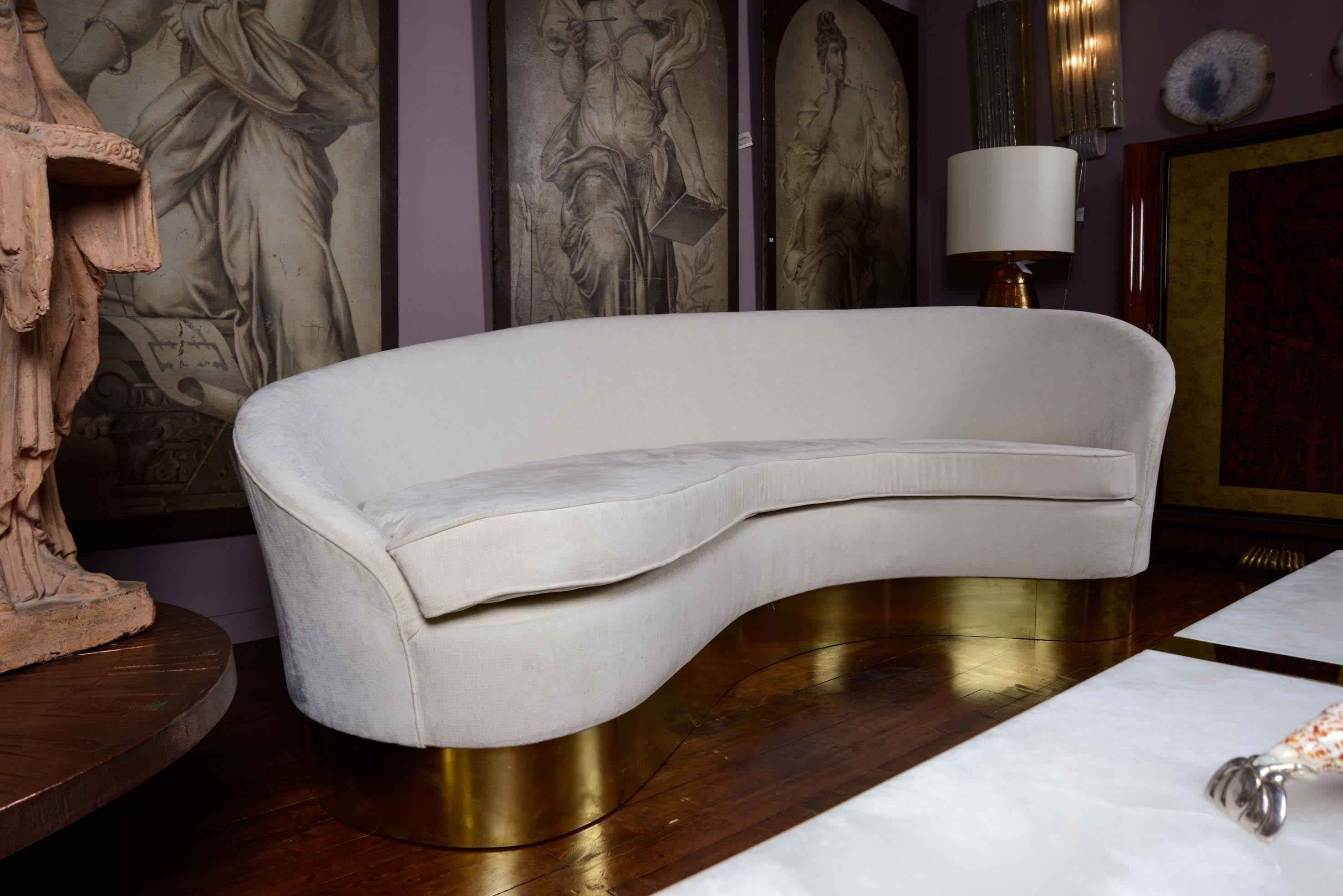 Italian Brass and Fabric Curved Sofa