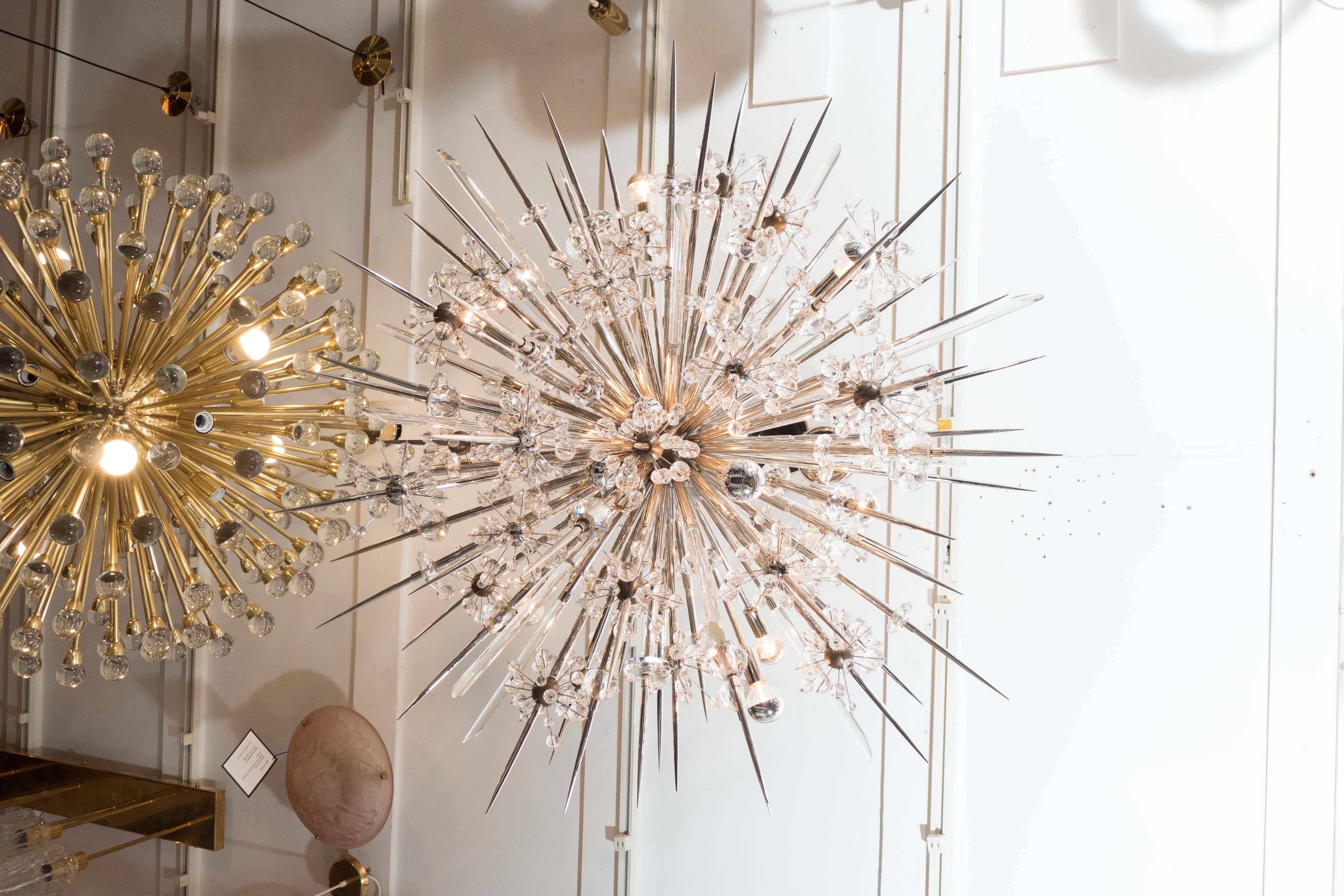 Custom Austrian crystal starburst sputnik chandelier in polished nickel with ebony center spheres. Customization is available in different sizes and finishes.