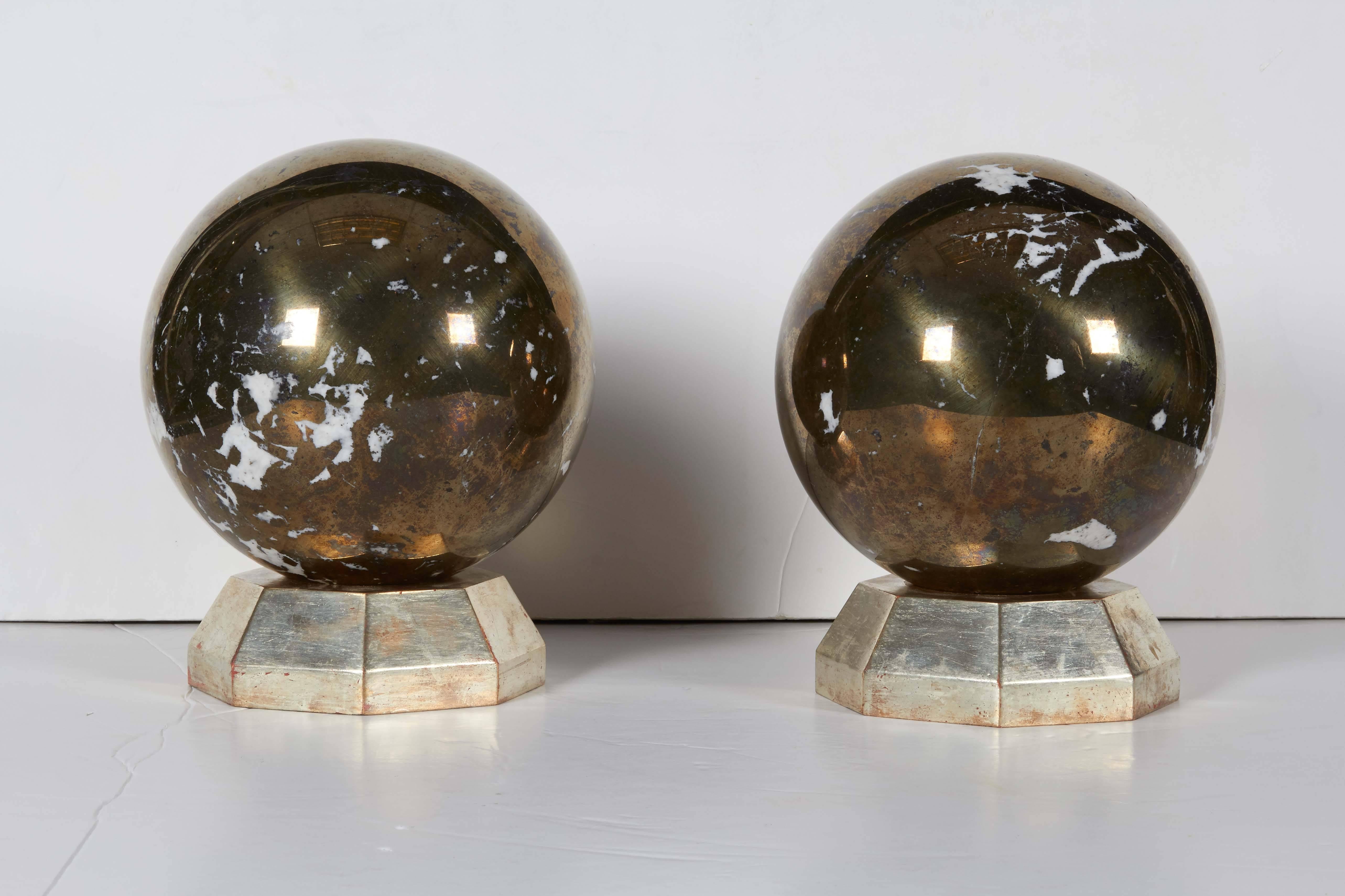 Fine Pair of Art Deco Jansen Style Platinum/Steel Marble Spheres on Stands In Excellent Condition In New York, NY