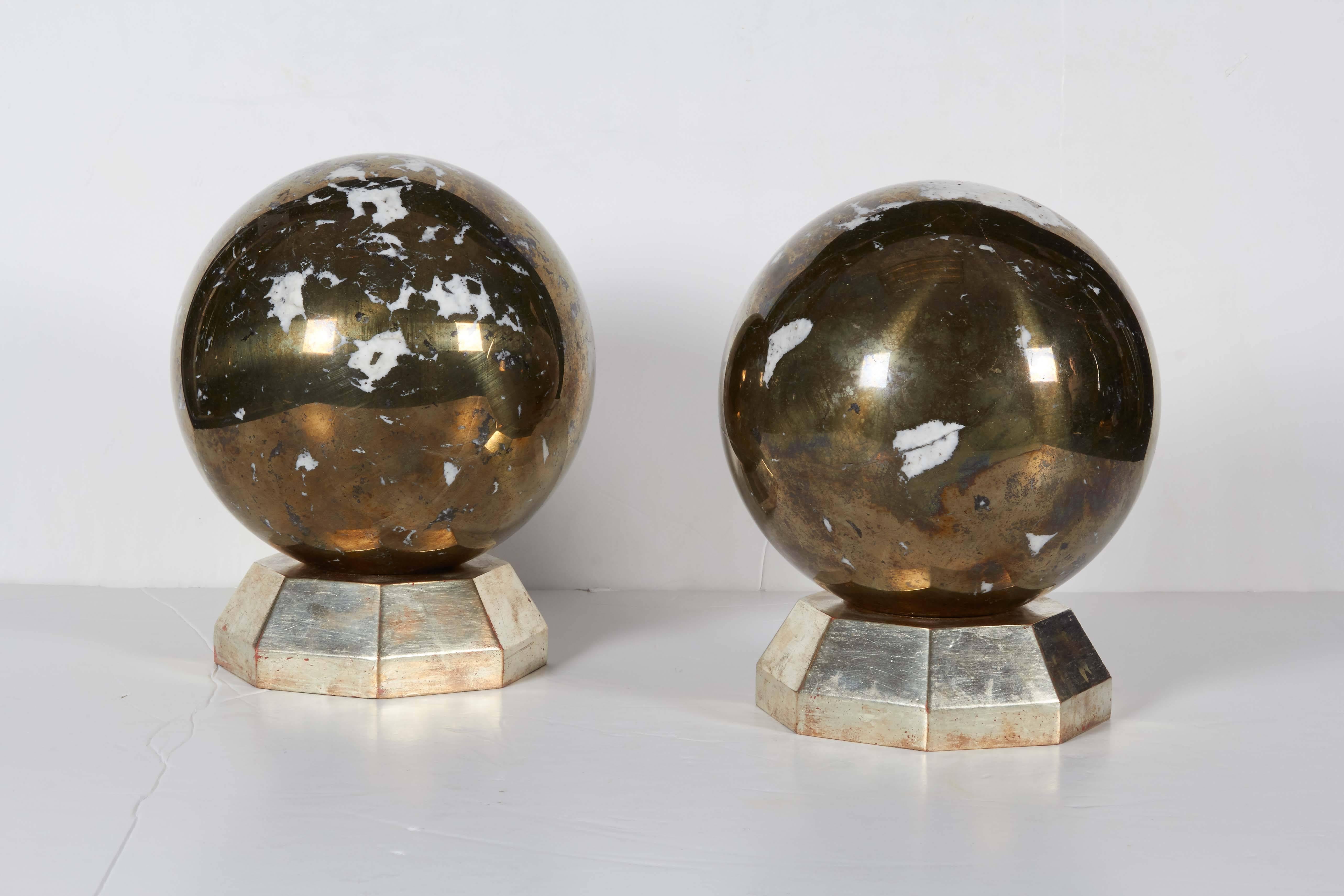 20th Century Fine Pair of Art Deco Jansen Style Platinum/Steel Marble Spheres on Stands