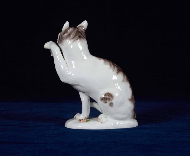 German Meissen Porcelain Group of a Seated Cat, after a Fine Catch, Early 1900s