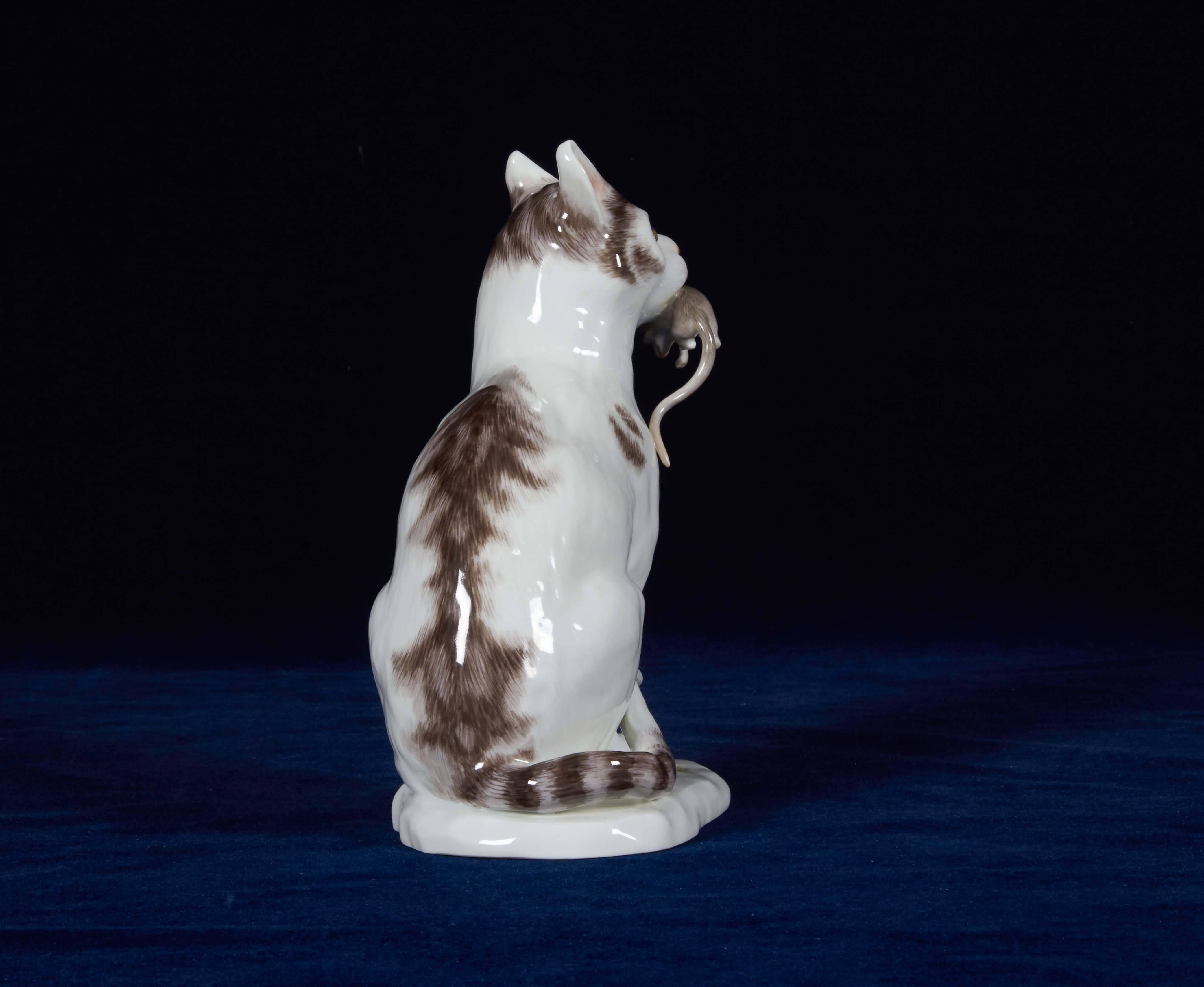 German Meissen Porcelain Group of a Seated Cat, after a Fine Catch, Early 1900s