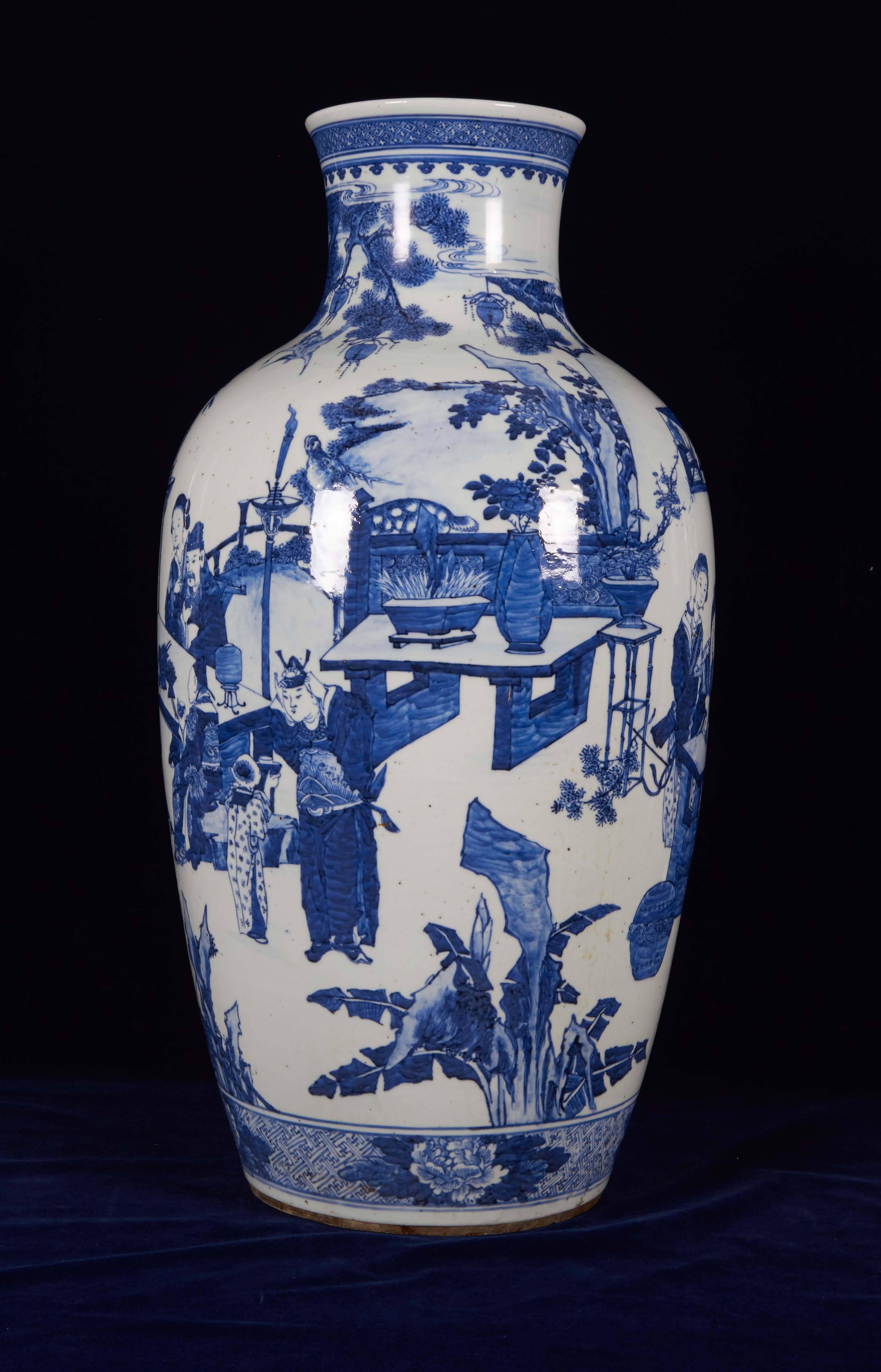 Chinoiserie Large Chinese Porcelain Figural Blue and White Vase, 19th Century