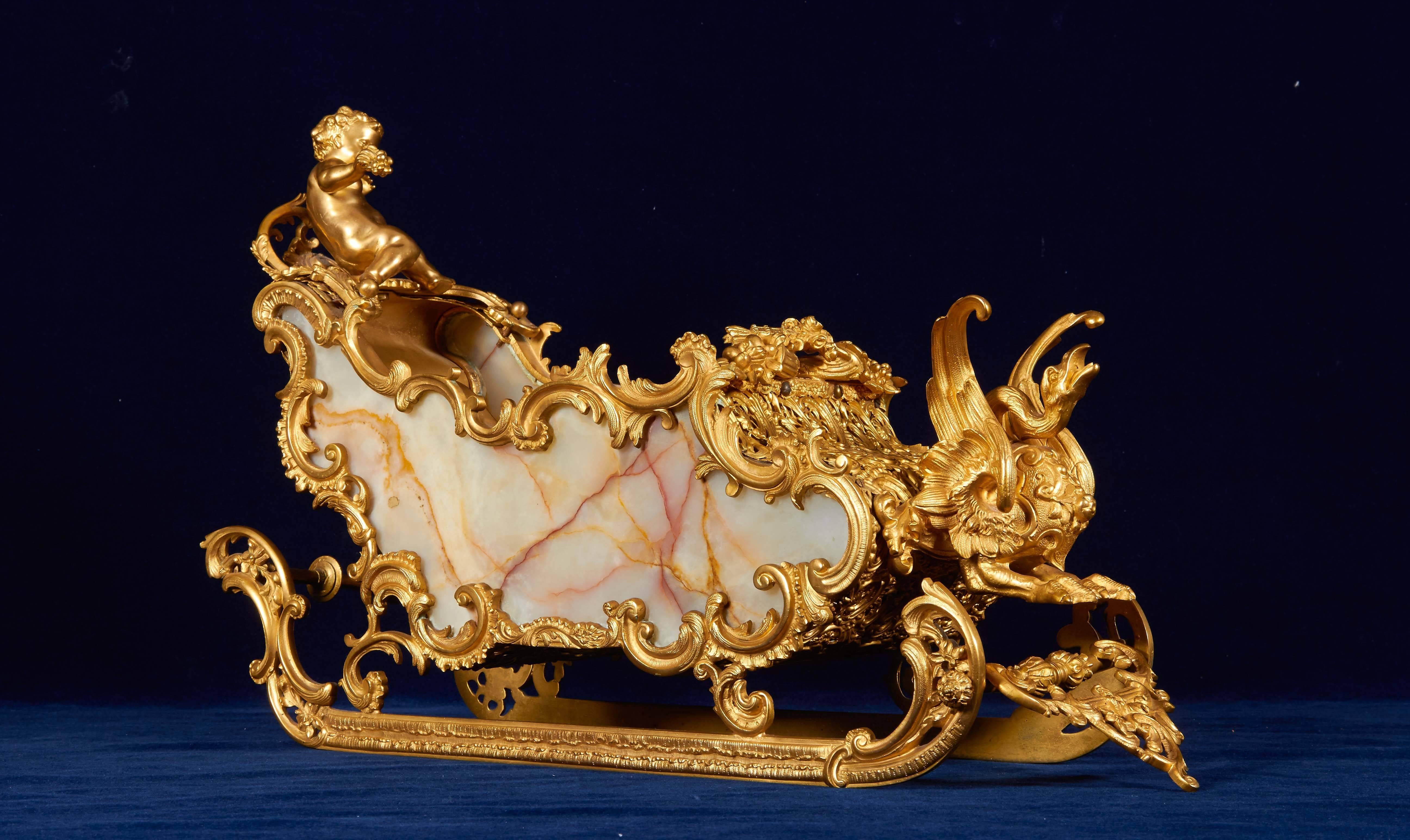 Unusual French Sled Chariot Bronze & Onyx Centerpiece with Cupid and Swan In Good Condition In New York, NY