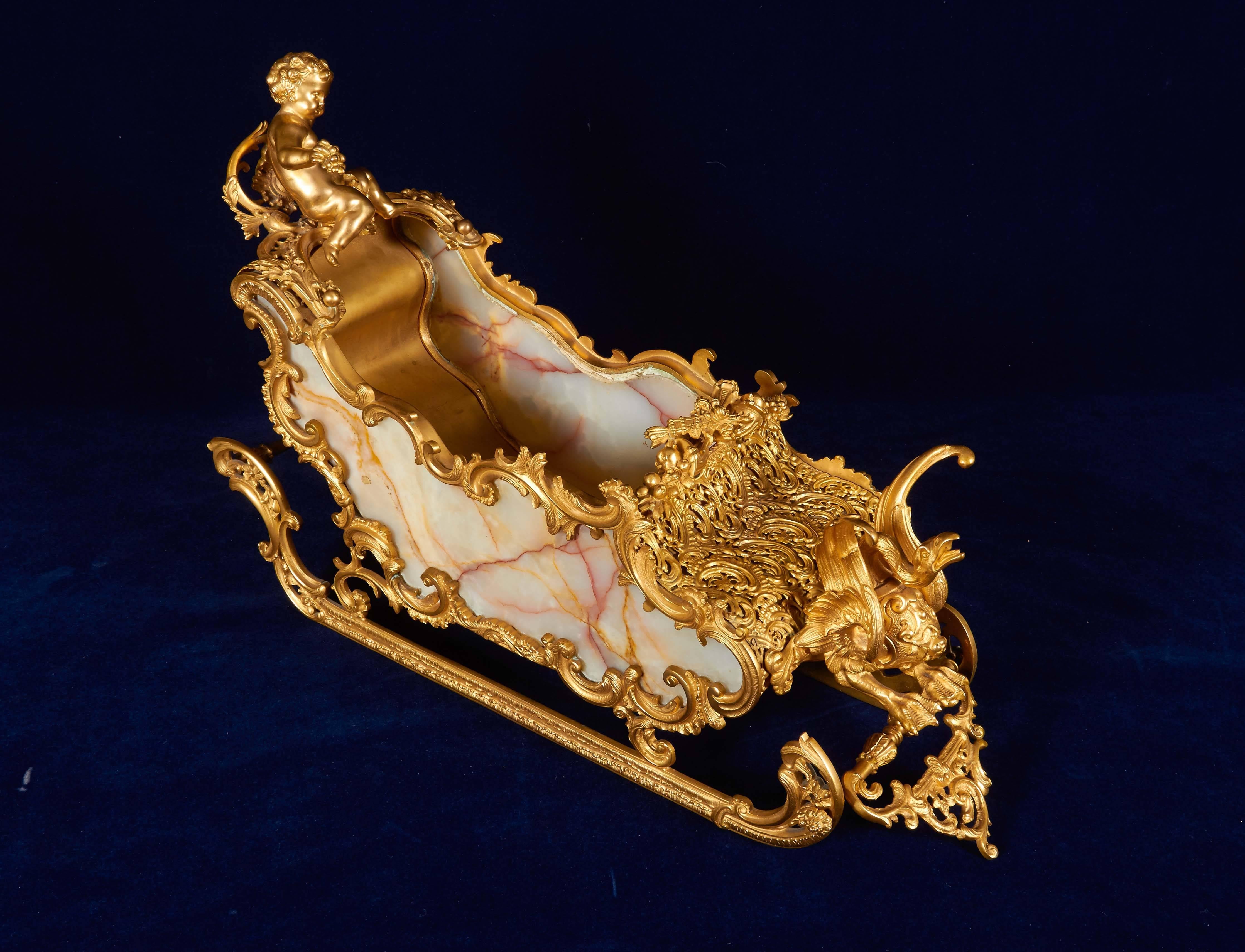 Late 19th Century Unusual French Sled Chariot Bronze & Onyx Centerpiece with Cupid and Swan
