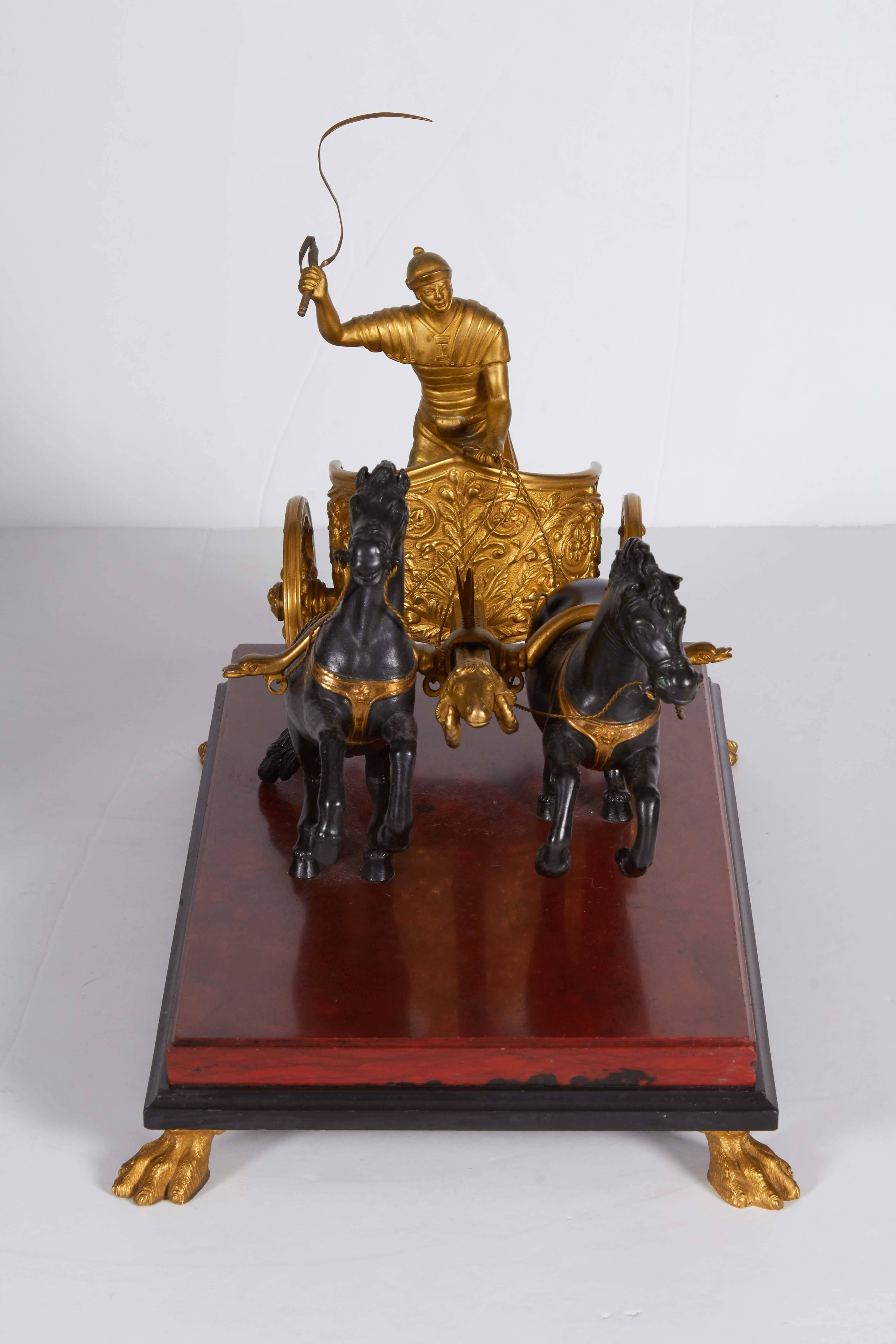 Italian Pair of Neoclassical Grand Tour Roman Patinated and Ormolu Horse-Drawn Chariots