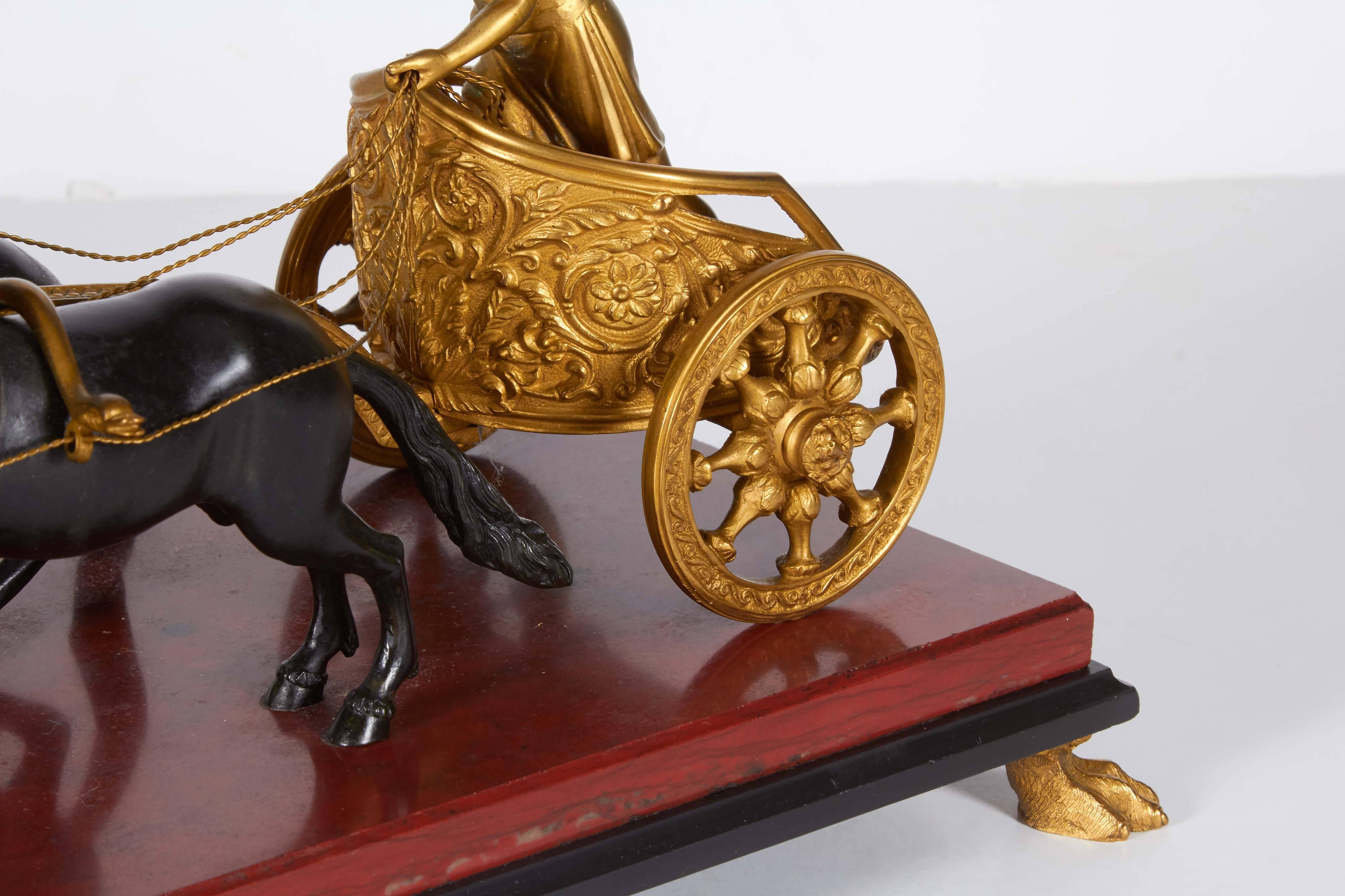 Hand-Carved Pair of Neoclassical Grand Tour Roman Patinated and Ormolu Horse-Drawn Chariots