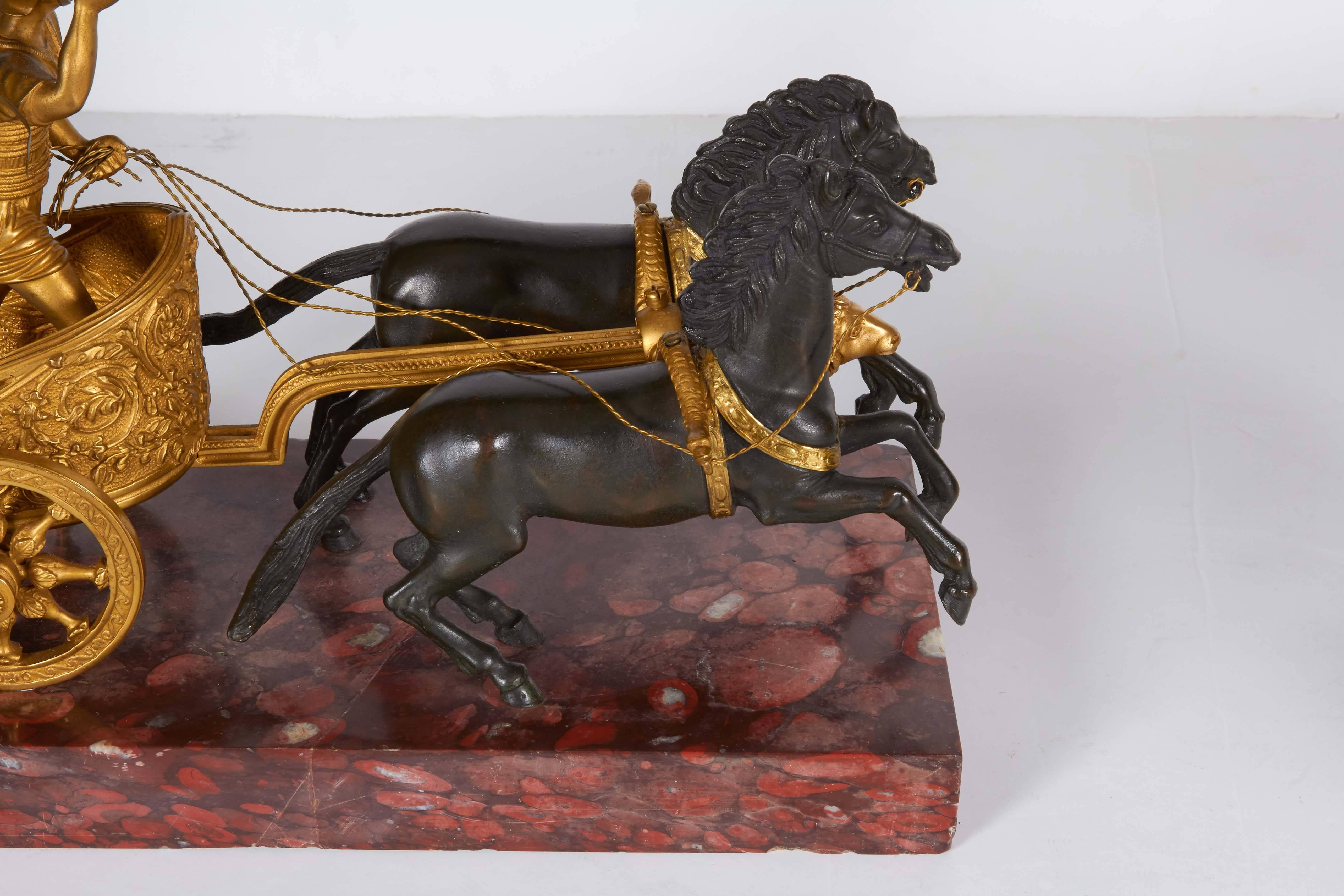 Pair of Neoclassical Grand Tour Roman Patinated and Ormolu Horse-Drawn Chariots In Excellent Condition In New York, NY