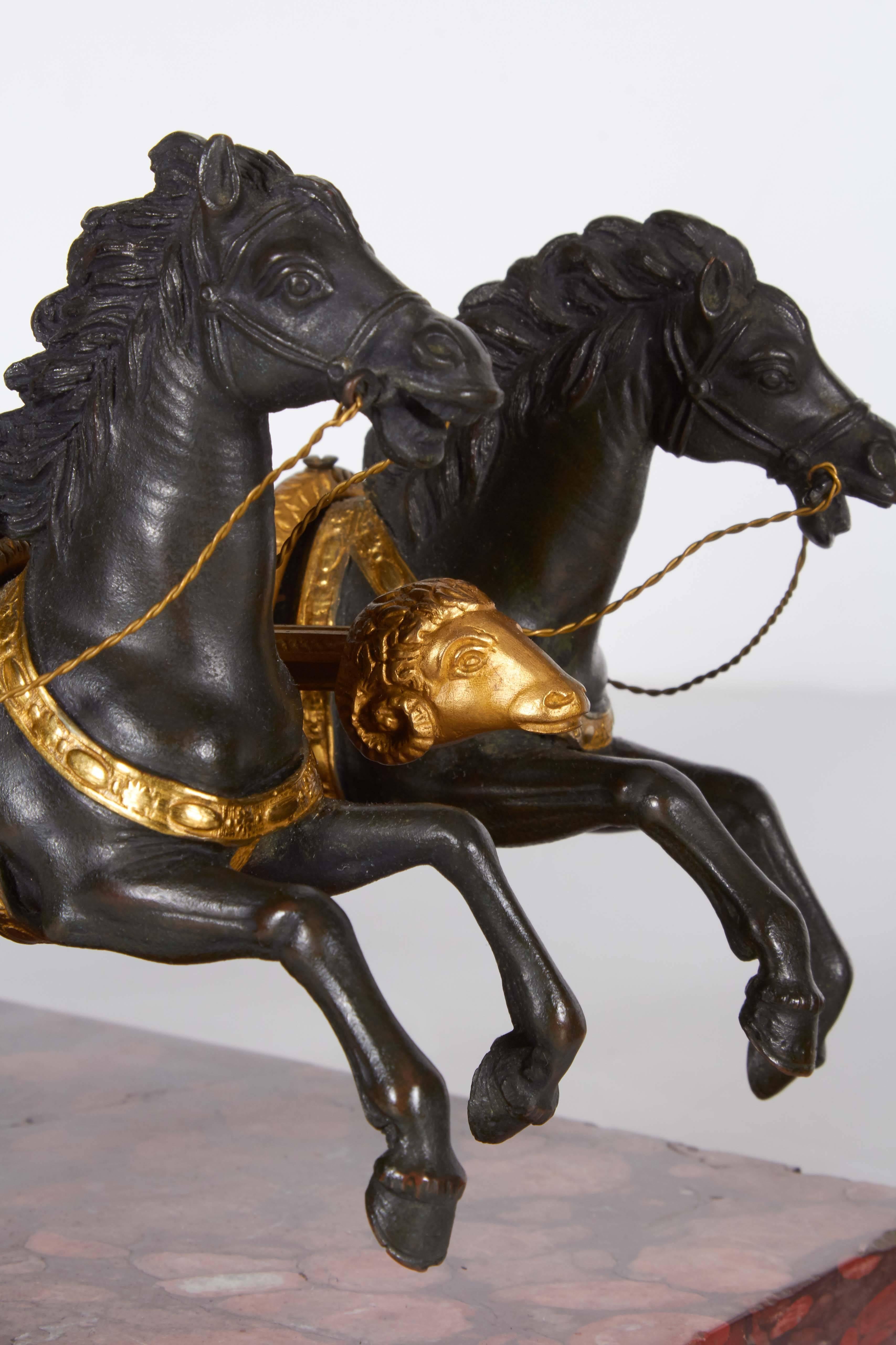 Pair of Neoclassical Grand Tour Roman Patinated and Ormolu Horse-Drawn Chariots 1