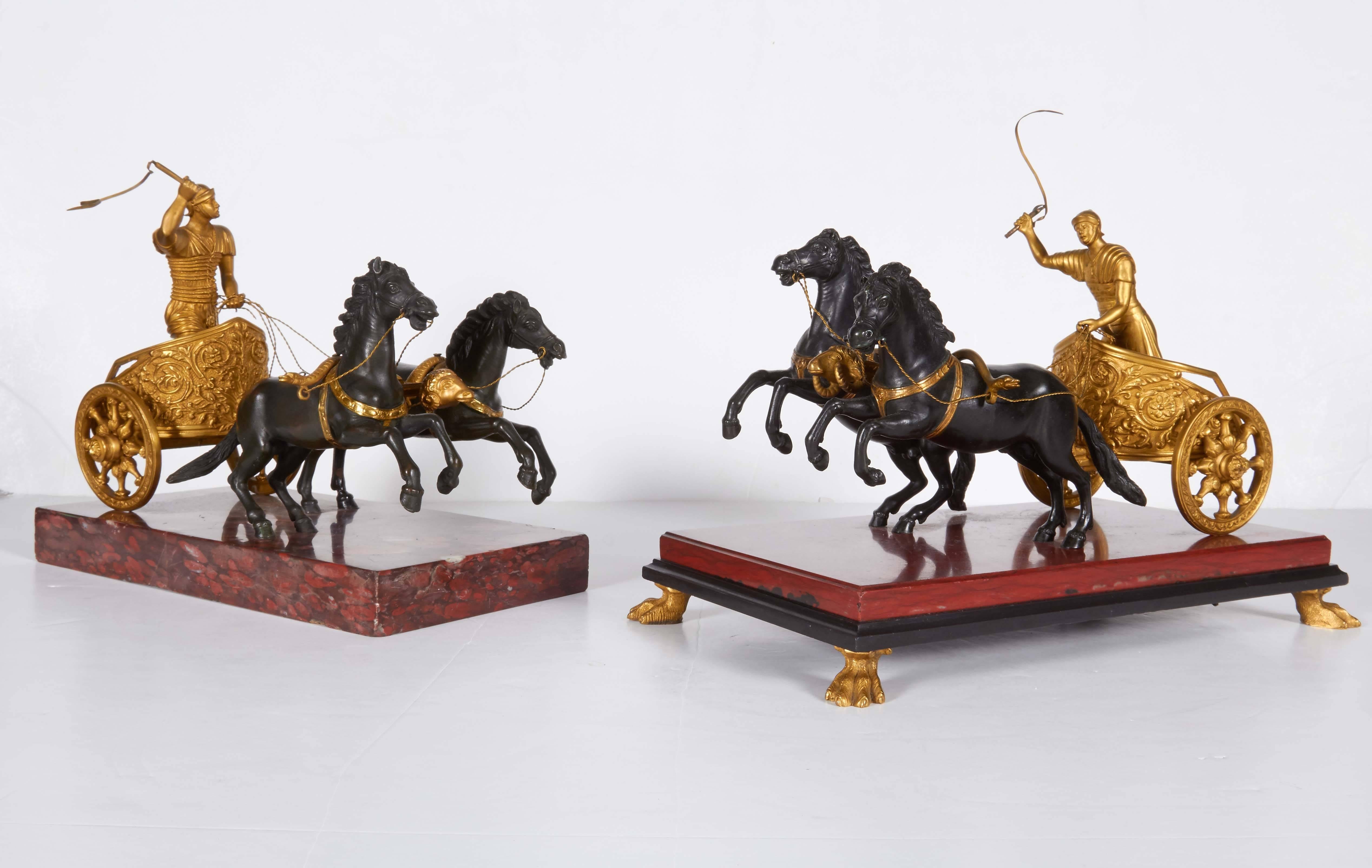 Pair of Neoclassical Grand Tour Roman Patinated and Ormolu Horse-Drawn Chariots 2