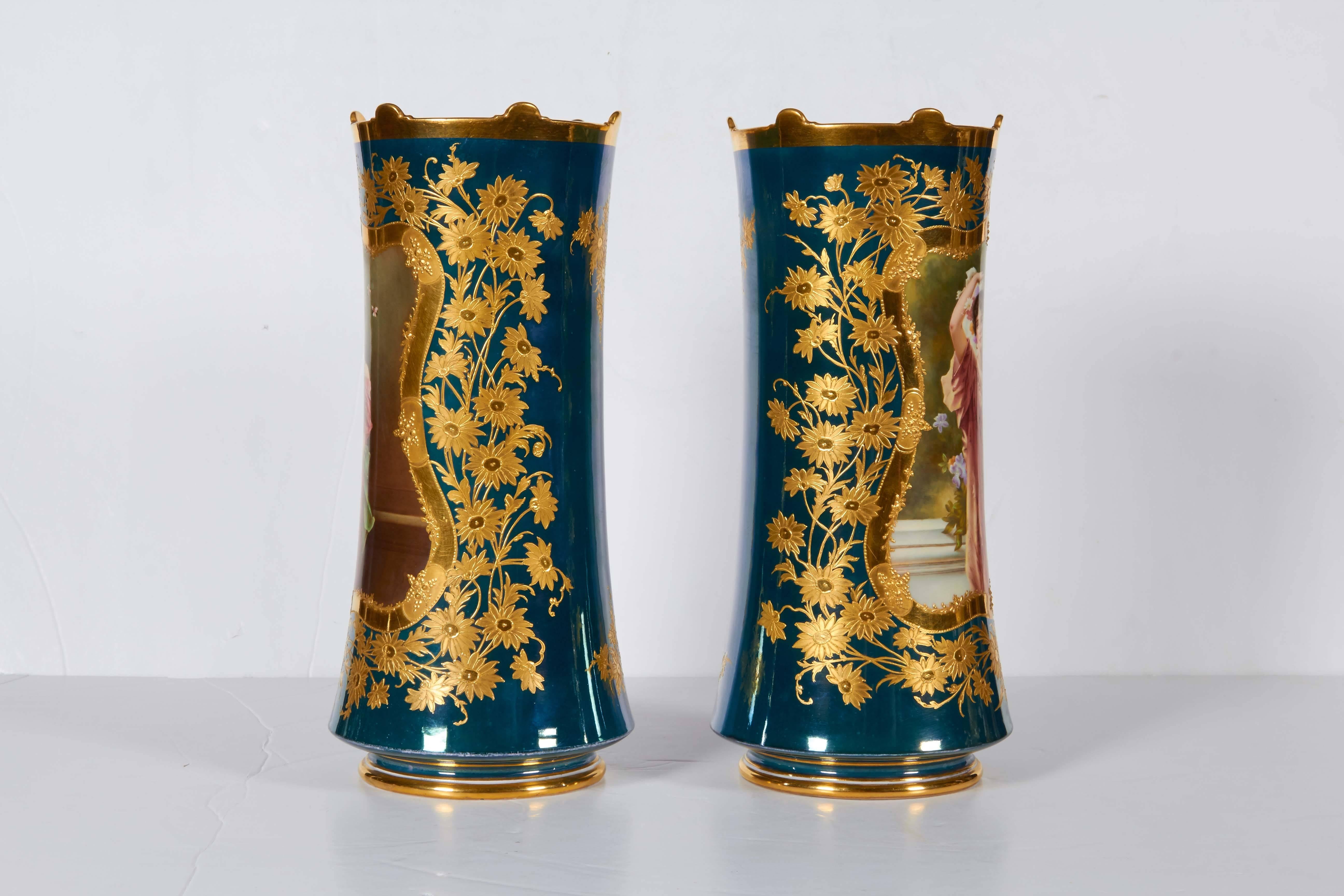 German Pair of Berlin KPM Porcelain Vienna Style Iridescent-Green Ground Portrait Vases