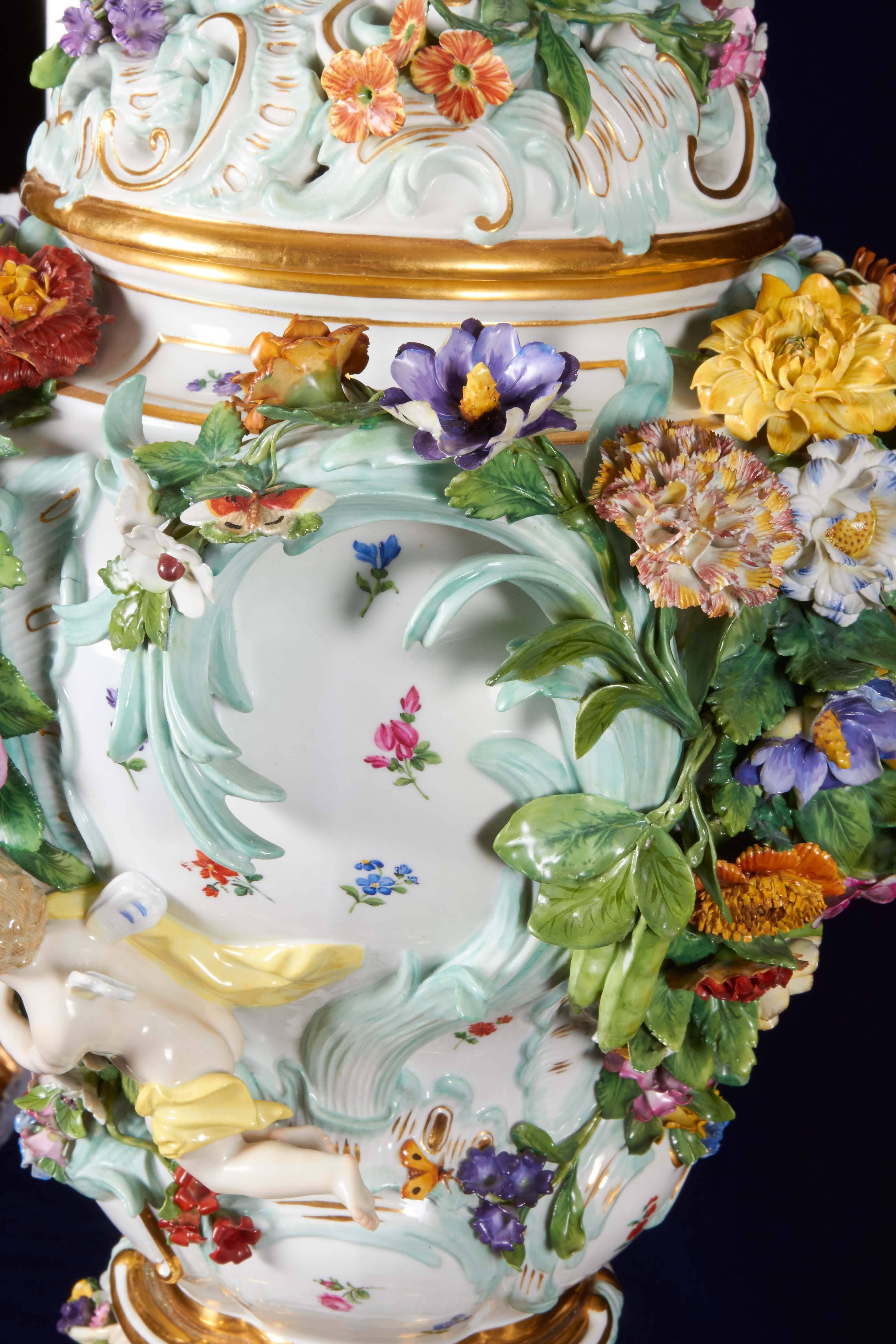 Rococo Revival Monumental Pair of Meissen Porcelain Pot-Pourri Vases, circa 1850