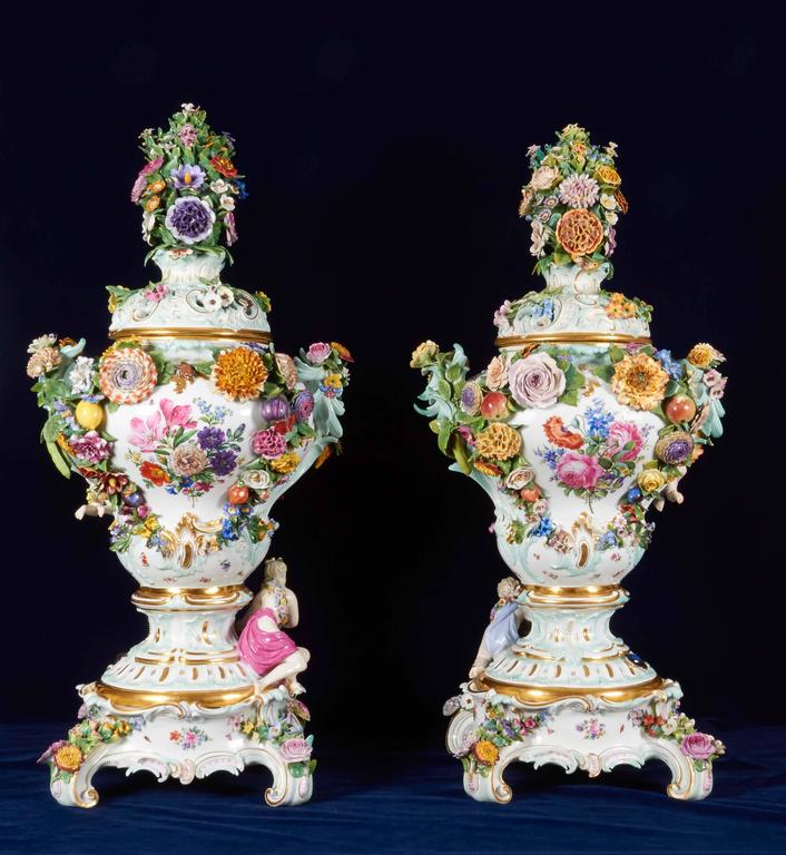 Monumental Pair of Meissen Porcelain PotPourri Vases, circa 1850 at