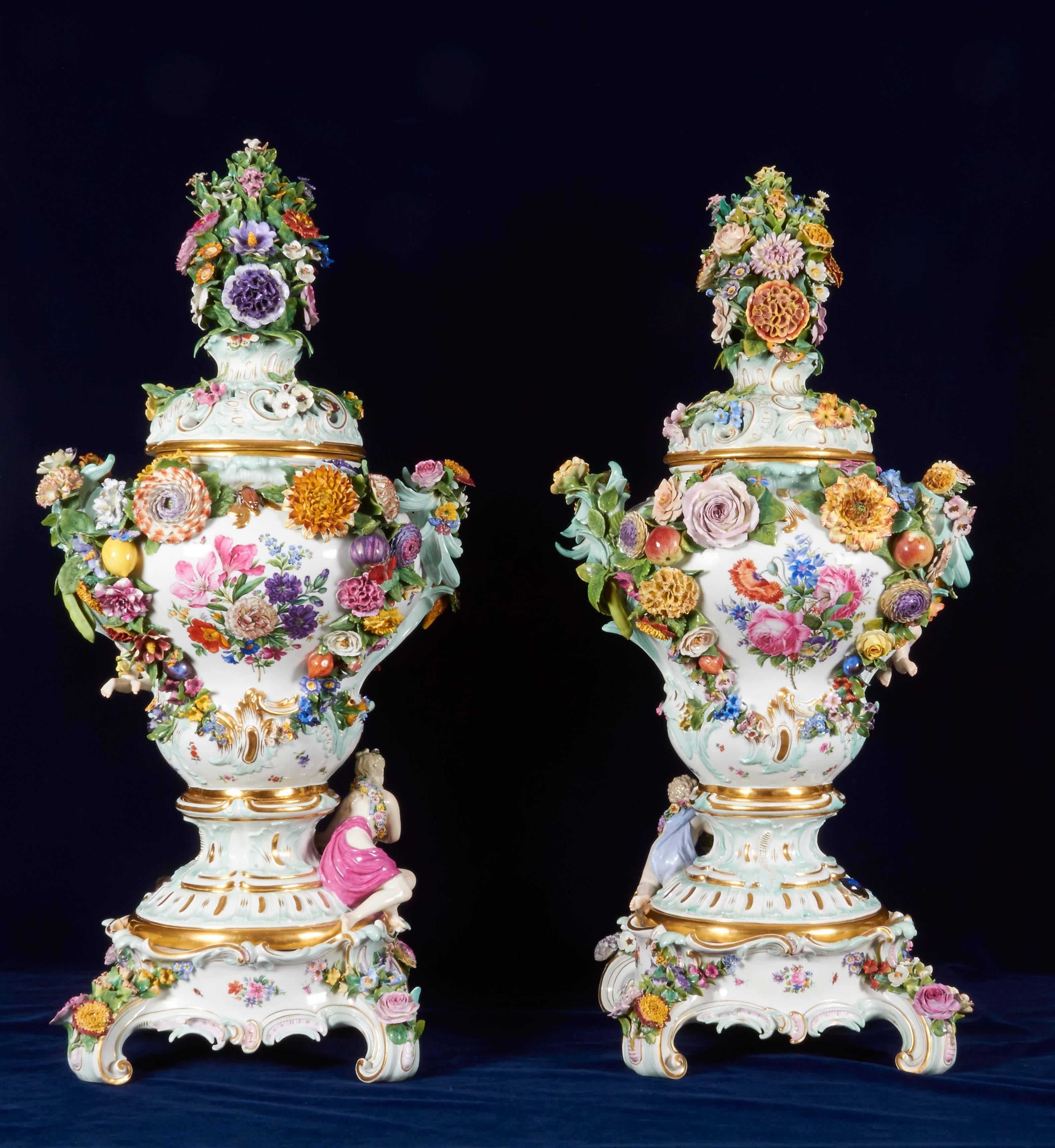 19th Century Monumental Pair of Meissen Porcelain Pot-Pourri Vases, circa 1850