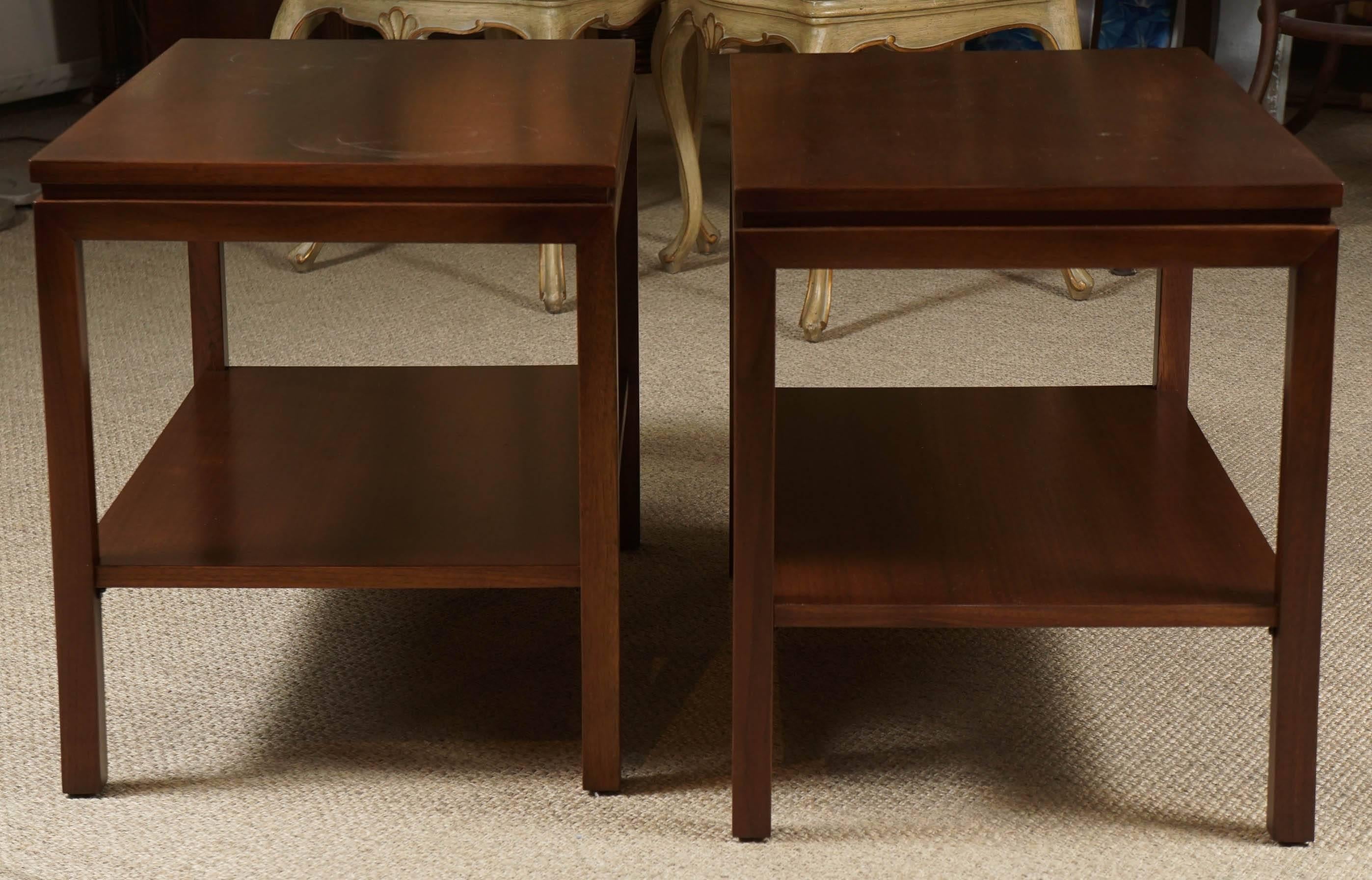 Here is a beautiful pair of modern walnut end tables with shelves.
New refurbished, the tables are in excellent condition.