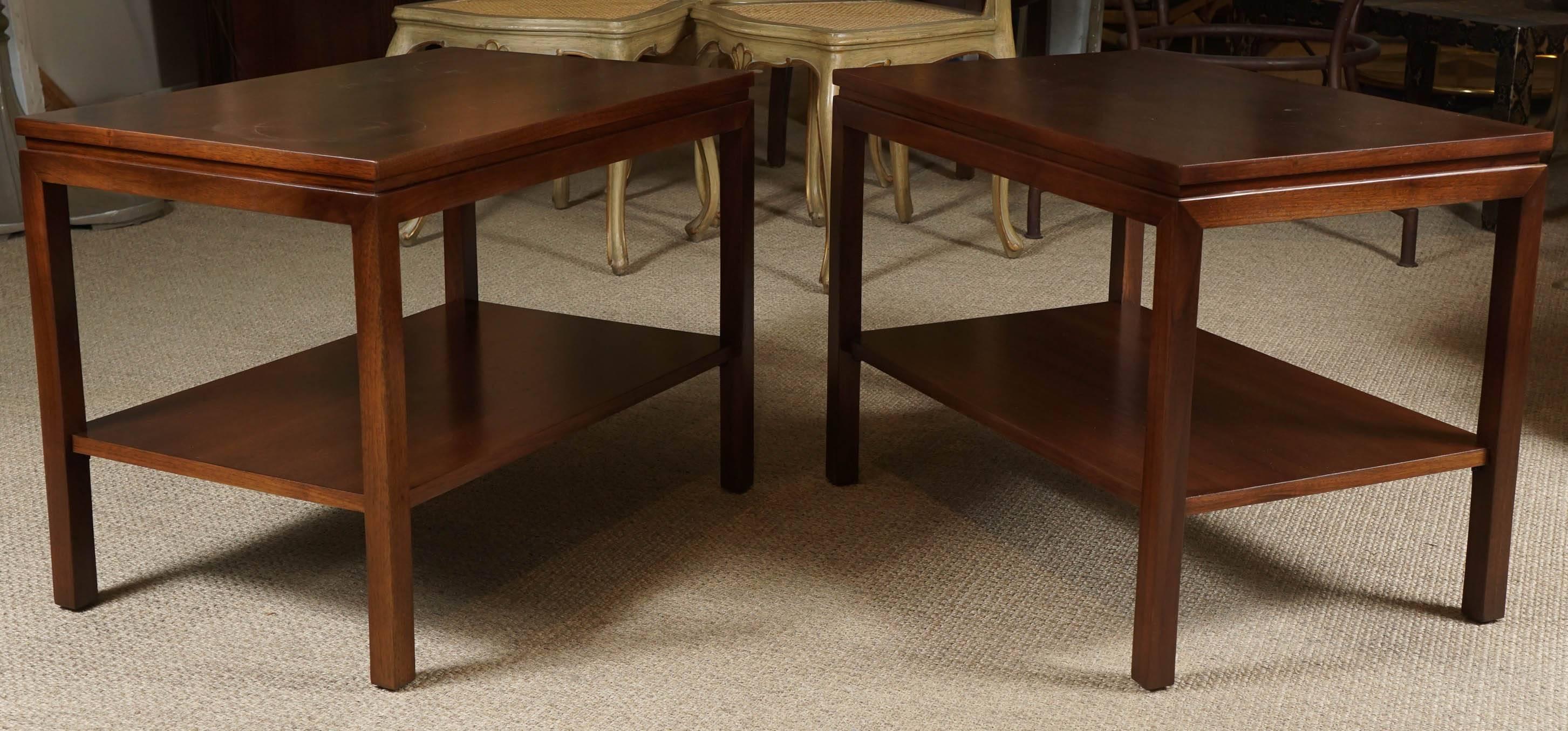 American Pair of Modern Walnut End Tables with Shelves