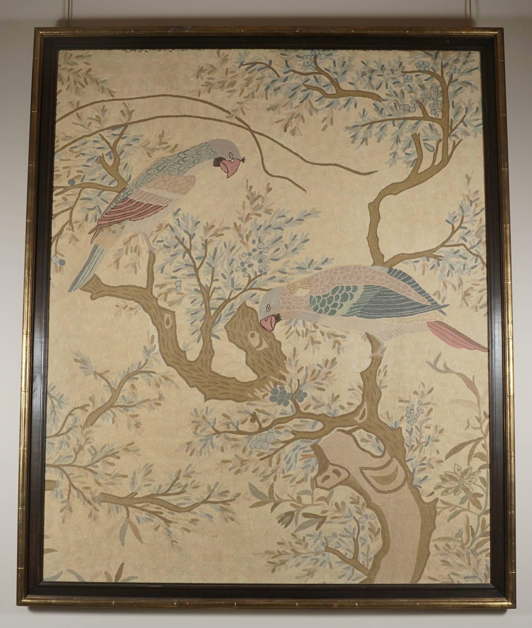 Framed Japanese embroidery. Parrots sitting on branches. Early Taisho period.