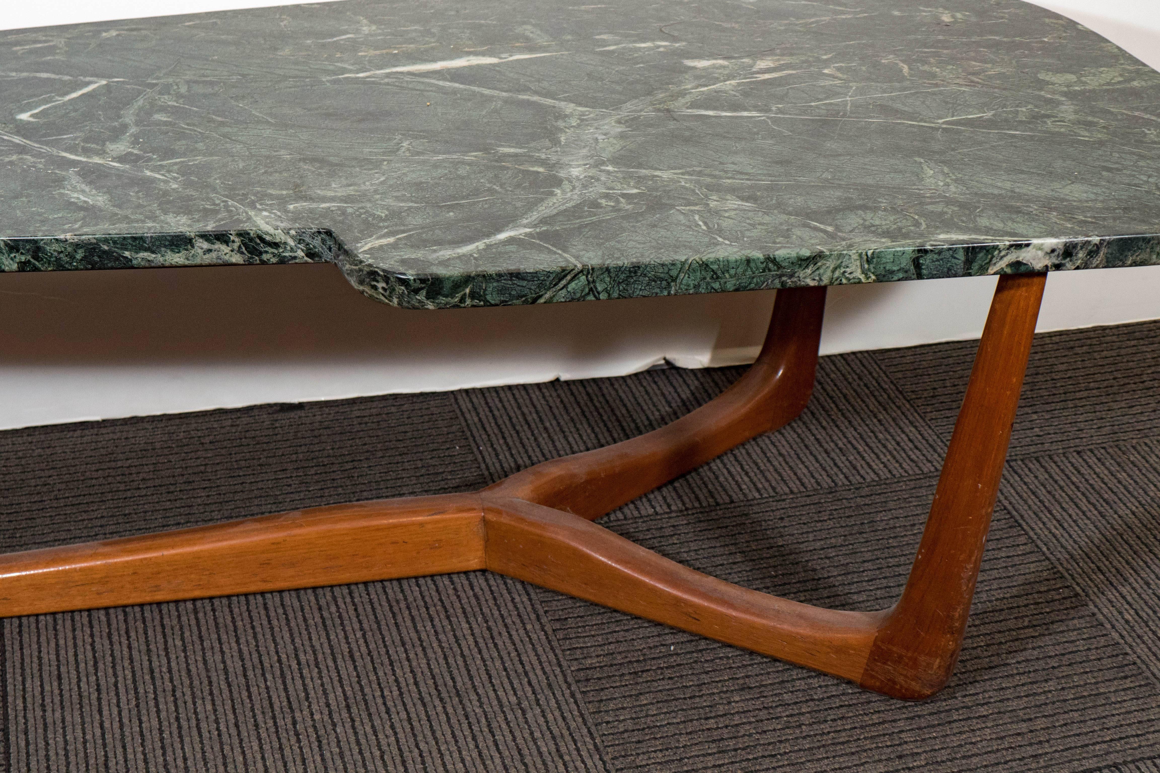 Vladimir Kagan Style Asymmetric Coffee Table with Green Marble Top In Good Condition In New York, NY